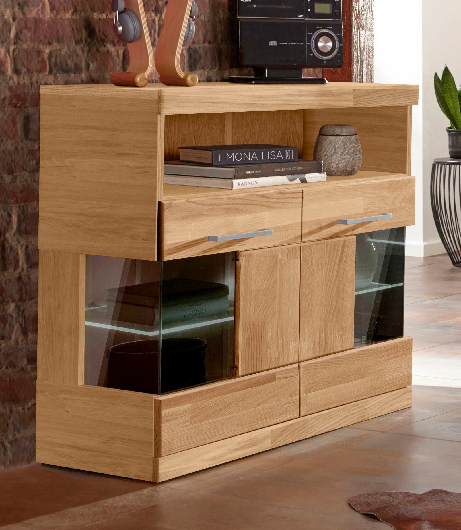Kommode Ribe 85cm breit,35 cm tief, Fronten Massivholz,2 Türen mit Glaseinsatz