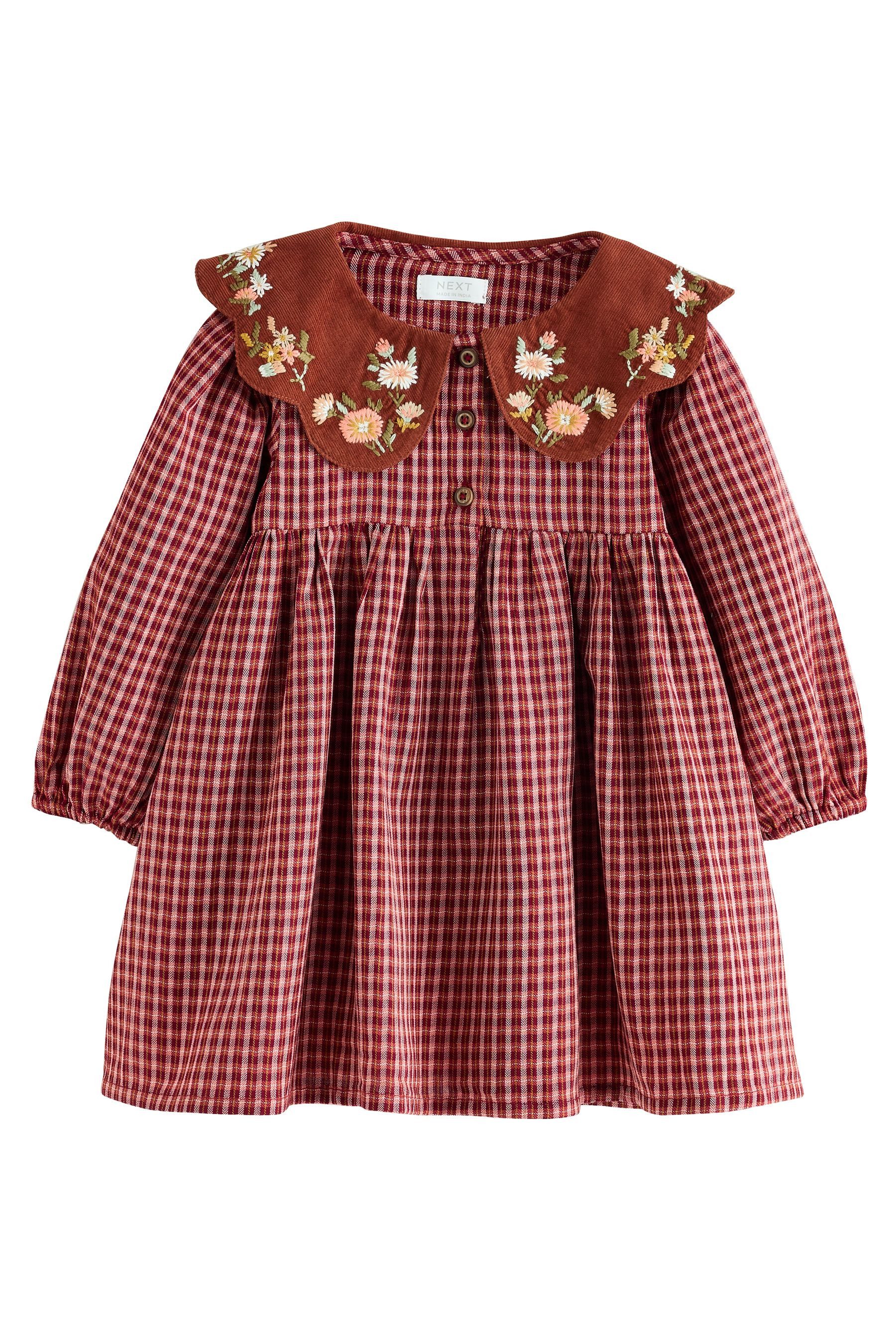Next Karokleid Langärmeliges, kariertes Kleid mit Cordkragen (1-tlg)