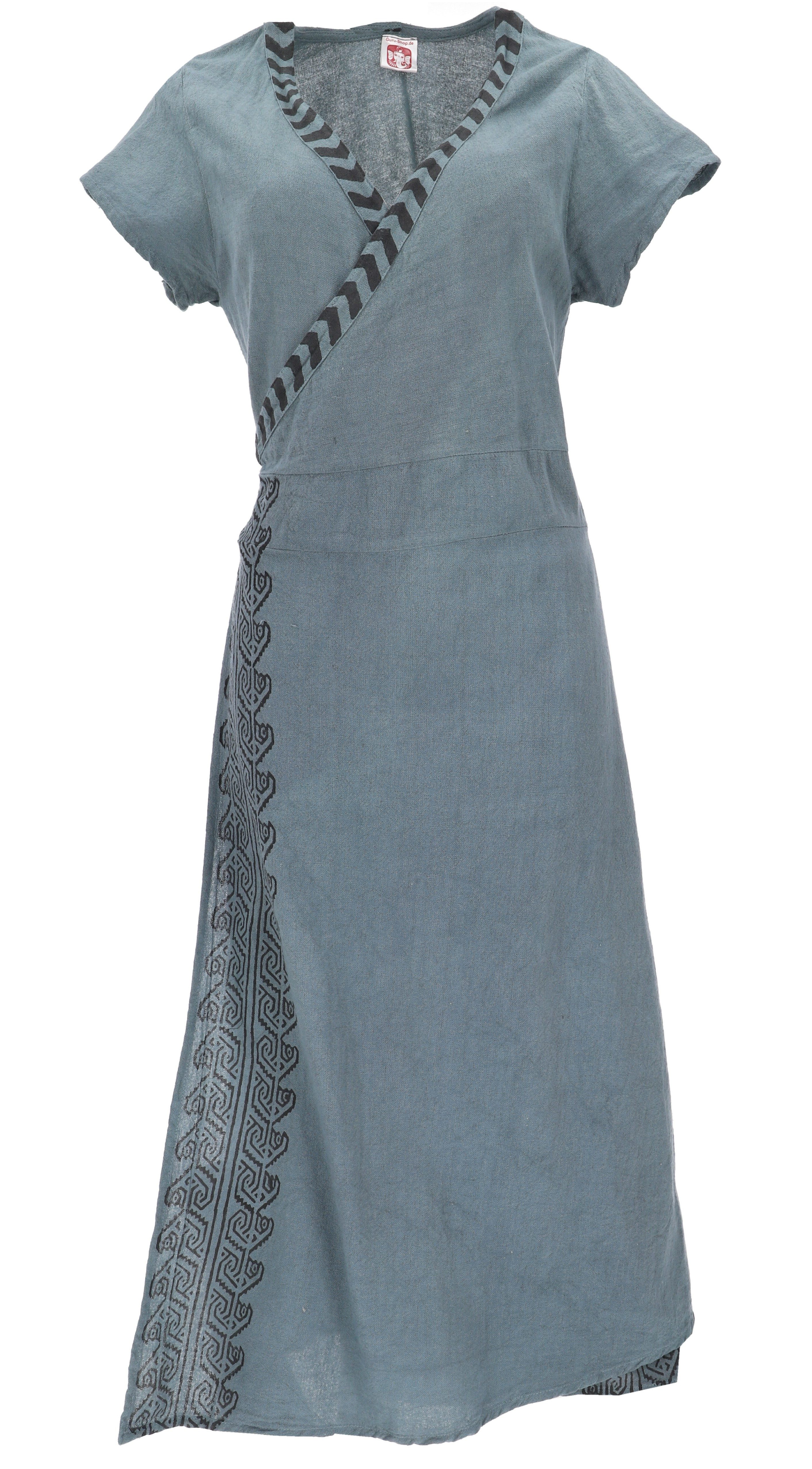 Guru-Shop Midikleid Wickelkleid mit handgefertigtem Druck- taubenblau alternative Bekleidung