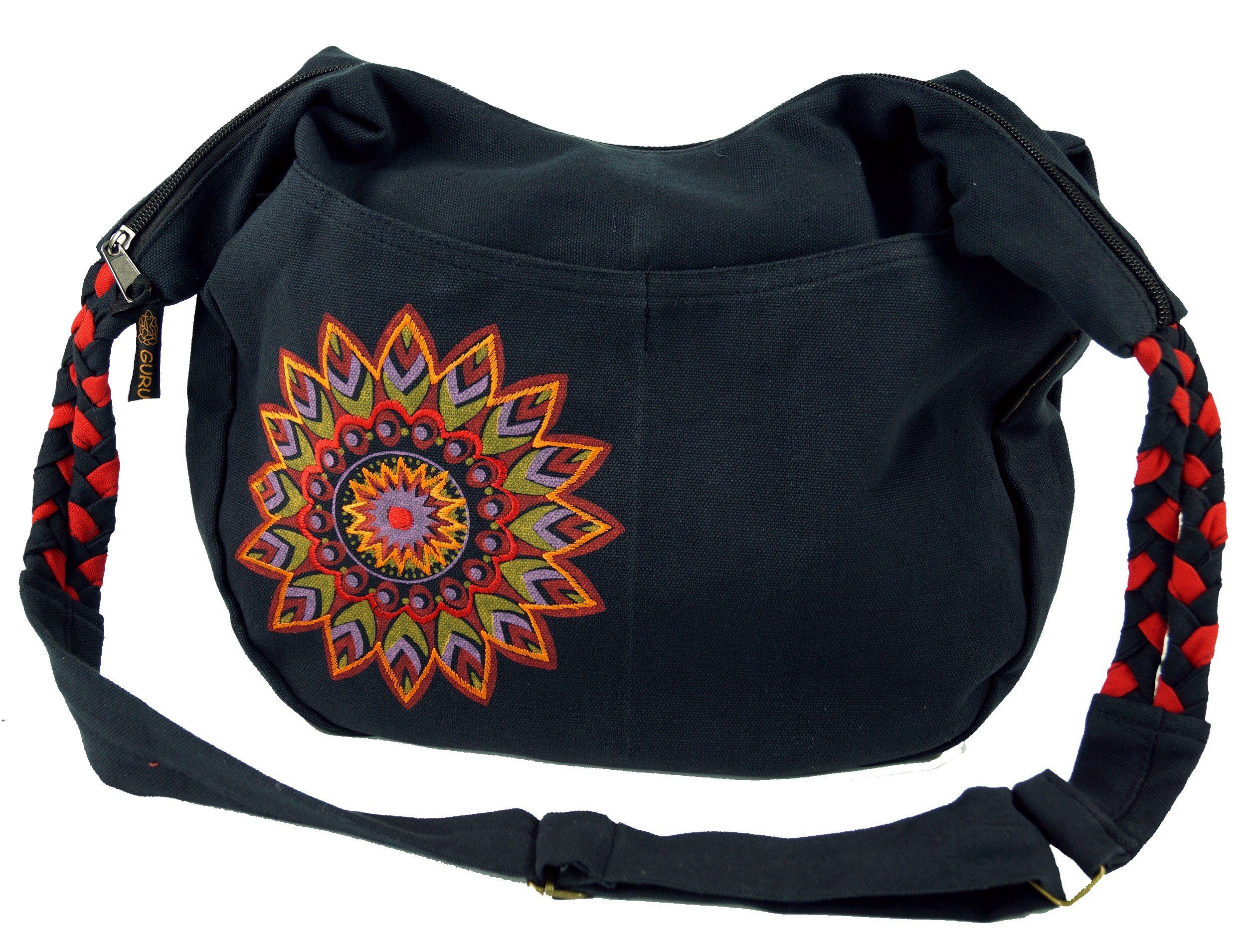 -.. Boho Guru-Shop Goa Schultertasche Tasche Mandala schwarz/rot Ethno Schultertasche,