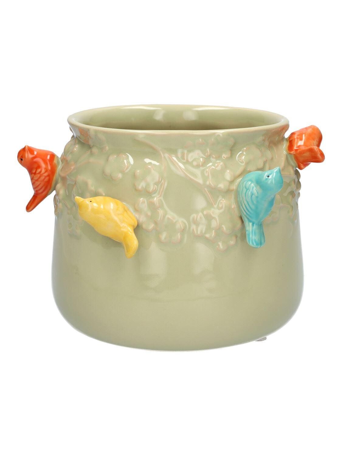 INNA-Glas Blumentopf Pflanzentopf Birdie aus Keramik, mit 3D Vögeln, grün-orange-gel