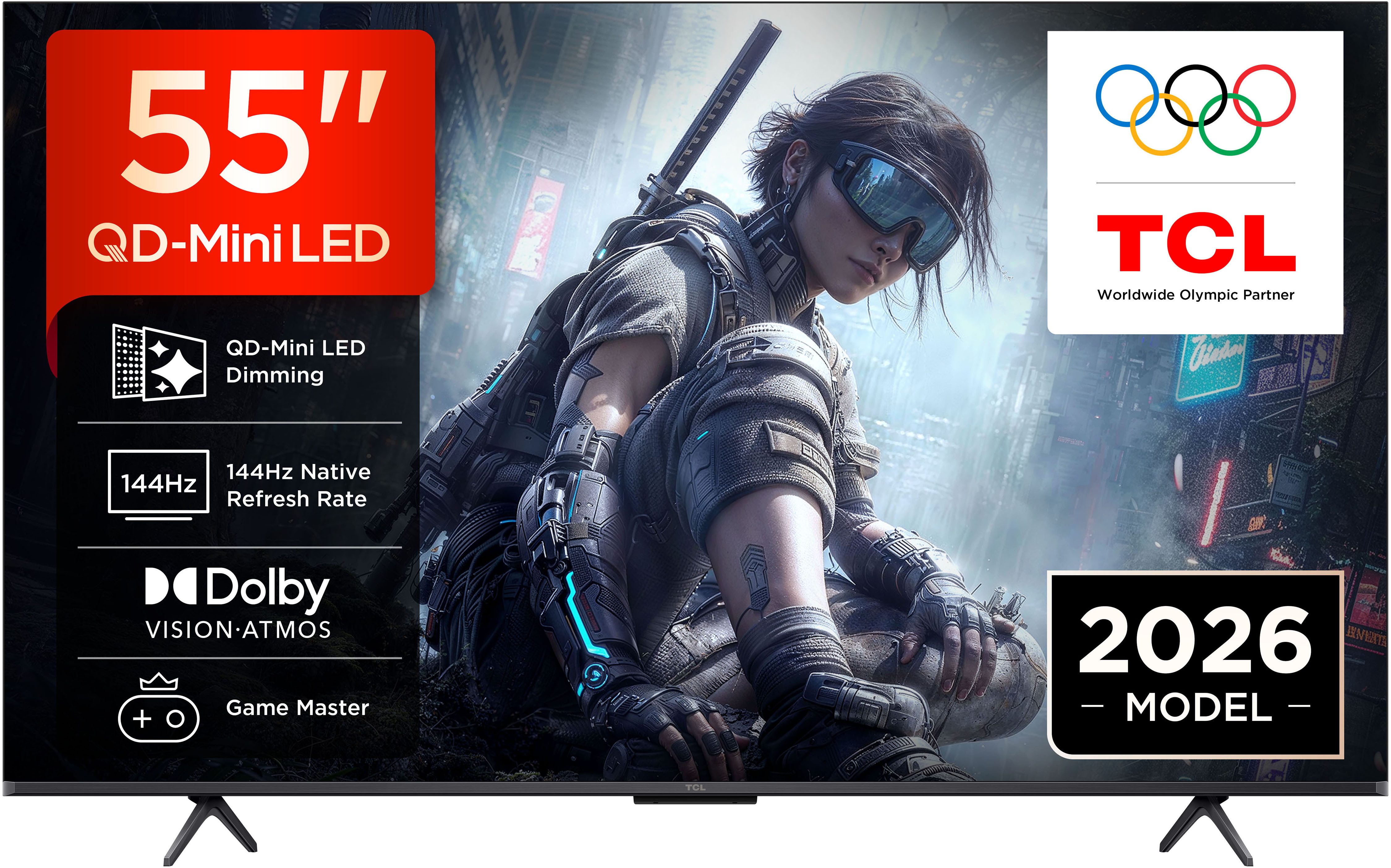TCL 55T8D Mini-LED-Fernseher (139 cm/55 Zoll, 4K Ultra HD, Smart-TV, Google TV, QD-Mini LED, AiPQ Pro Prozessor, 144Hz, ONKYO 2.1, Apple AirPlay 2)