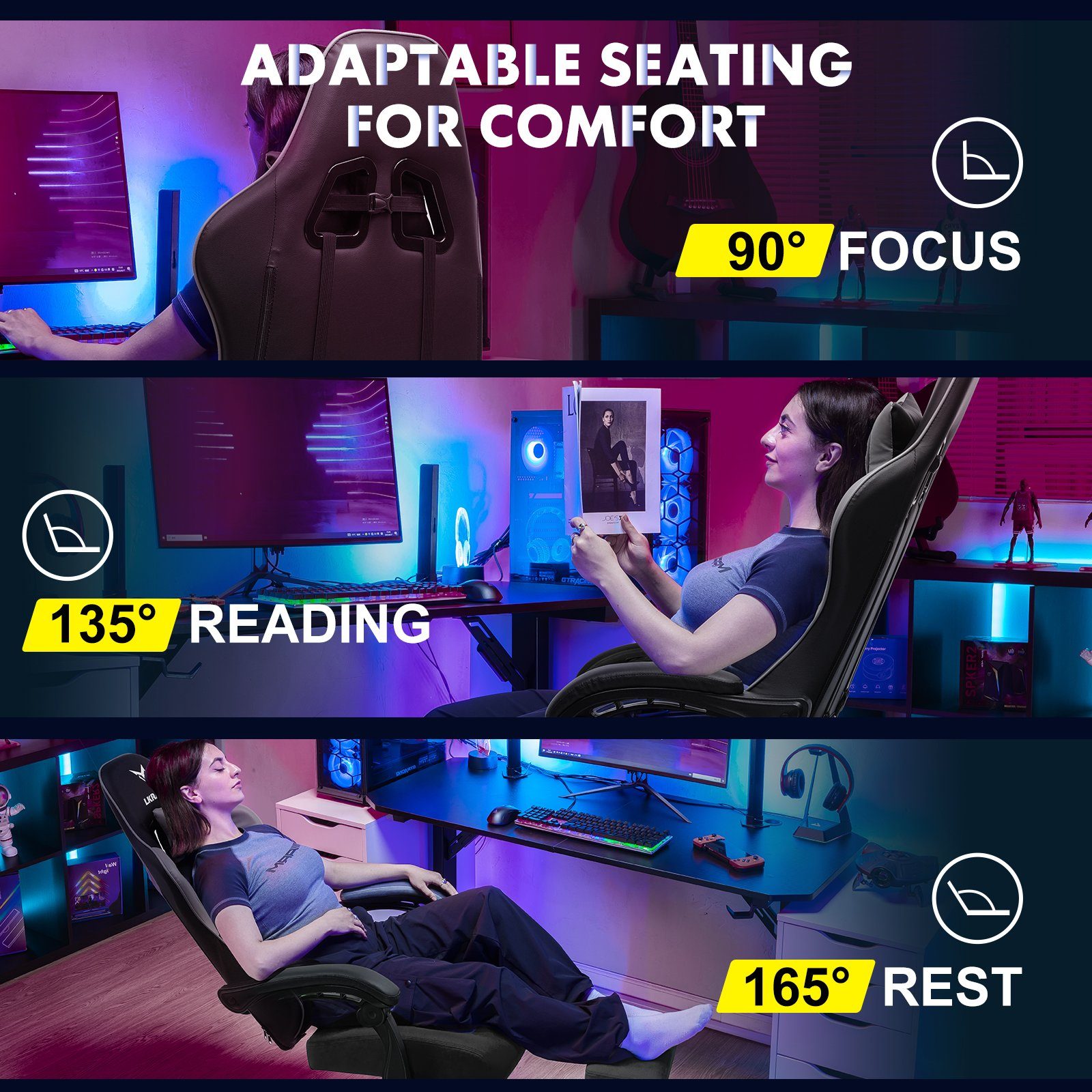 LUCKRACER Gaming-Stuhl Gaming Chair Bürostuhl Ergonomisch mit Lendenkissen Kopfkissen, Höhenverstellbarer Gamer Stuhl 150kg Belastbar