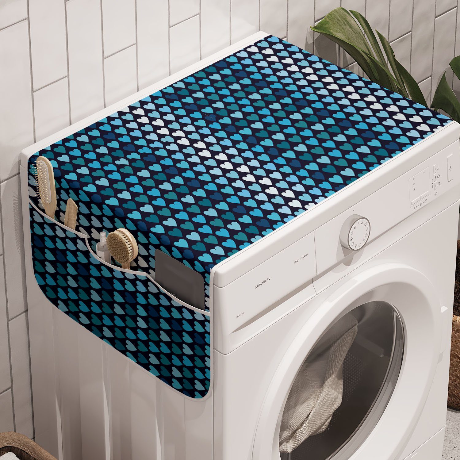 Abakuhaus Badorganizer Anti-Rutsch-Stoffabdeckung für Waschmaschine und Trockner, Geometrisch Blau getönten Herz Shapes