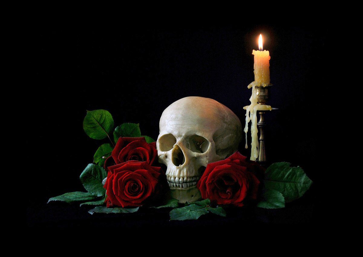 Totenkop Kerze mit Fototapete Papermoon