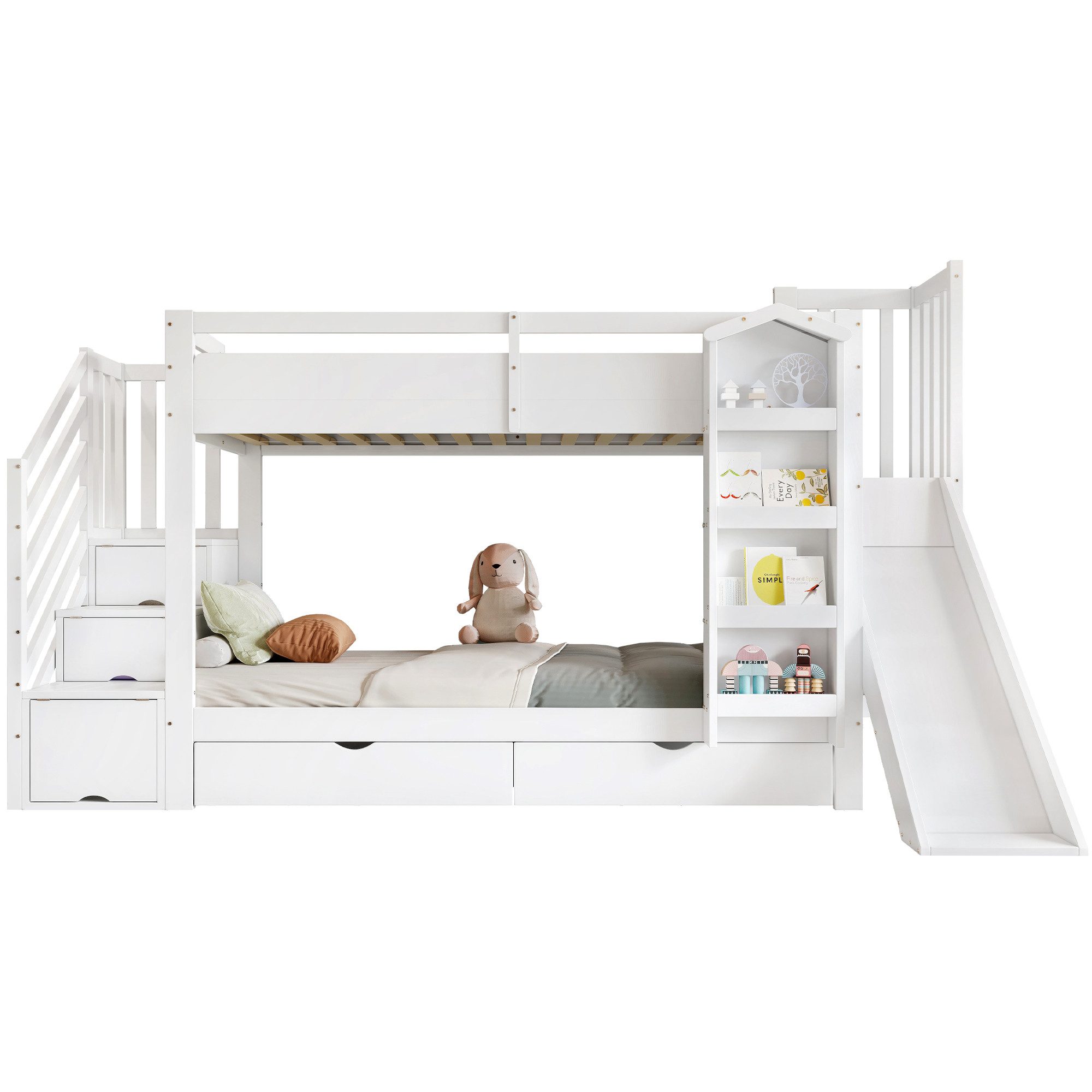 SOFTWEARY Etagenbett mit 2 Liegeflächen, Rutsche und Stauraum (mit Lattenrost, Bücherregal und Schubladen, Treppe mit Schränken, 90x200 cm), Kinderbett mit Rausfallschutz, Kiefer