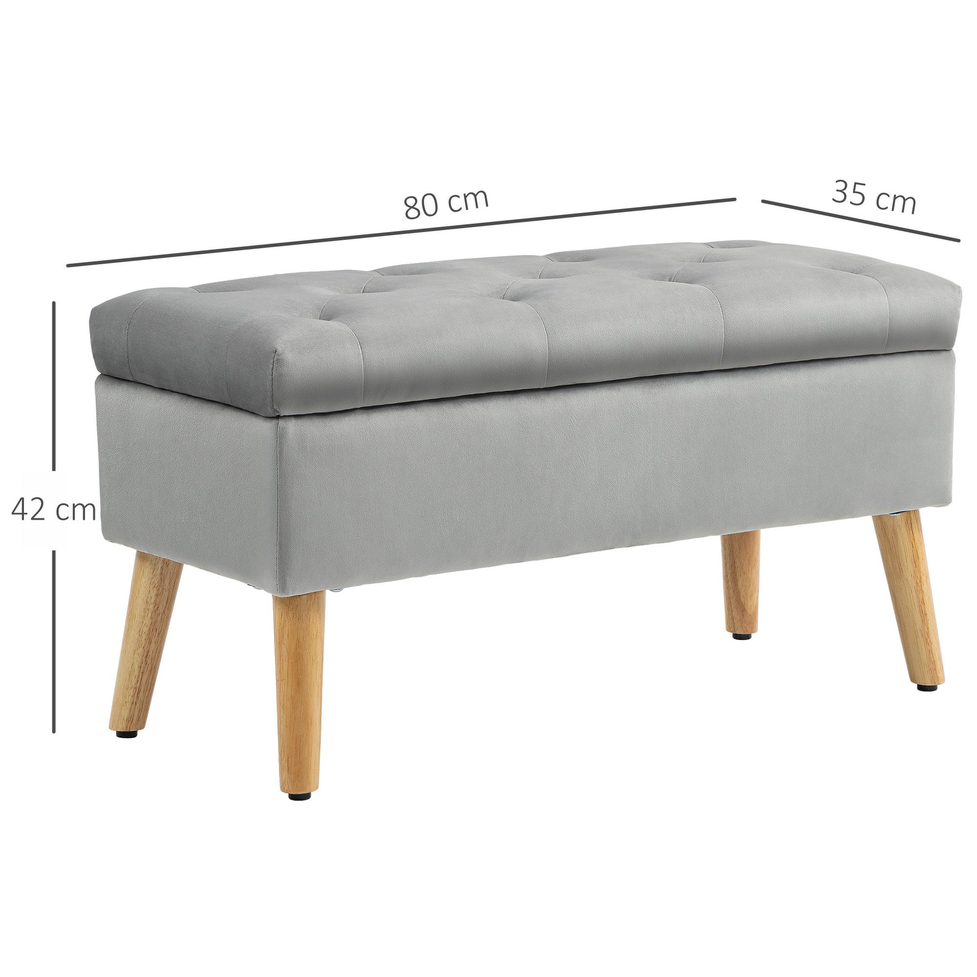 HOMCOM Sitzbank Polsterbank mit Deckel, Bettbank mit Samtoptik (Truhenbank, 1-St., Polsterbank), für Flur Schlafzimmer Wohnzimmer, Gummiholz 80 x 35 x 42 cm Gra – Bild 3 von 5