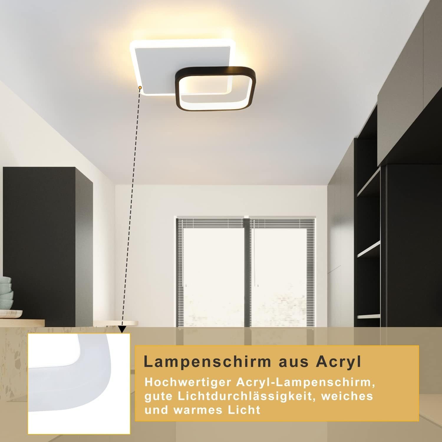 Modern Deckenlampe Schwarz integriert, Esszimmer Flur, Wohnzimmer 15W Schlafzimmer LED Nettlife Küche fest Warmweiß, für Deckenleuchte Acryl Deckenbeleuchtung, LED