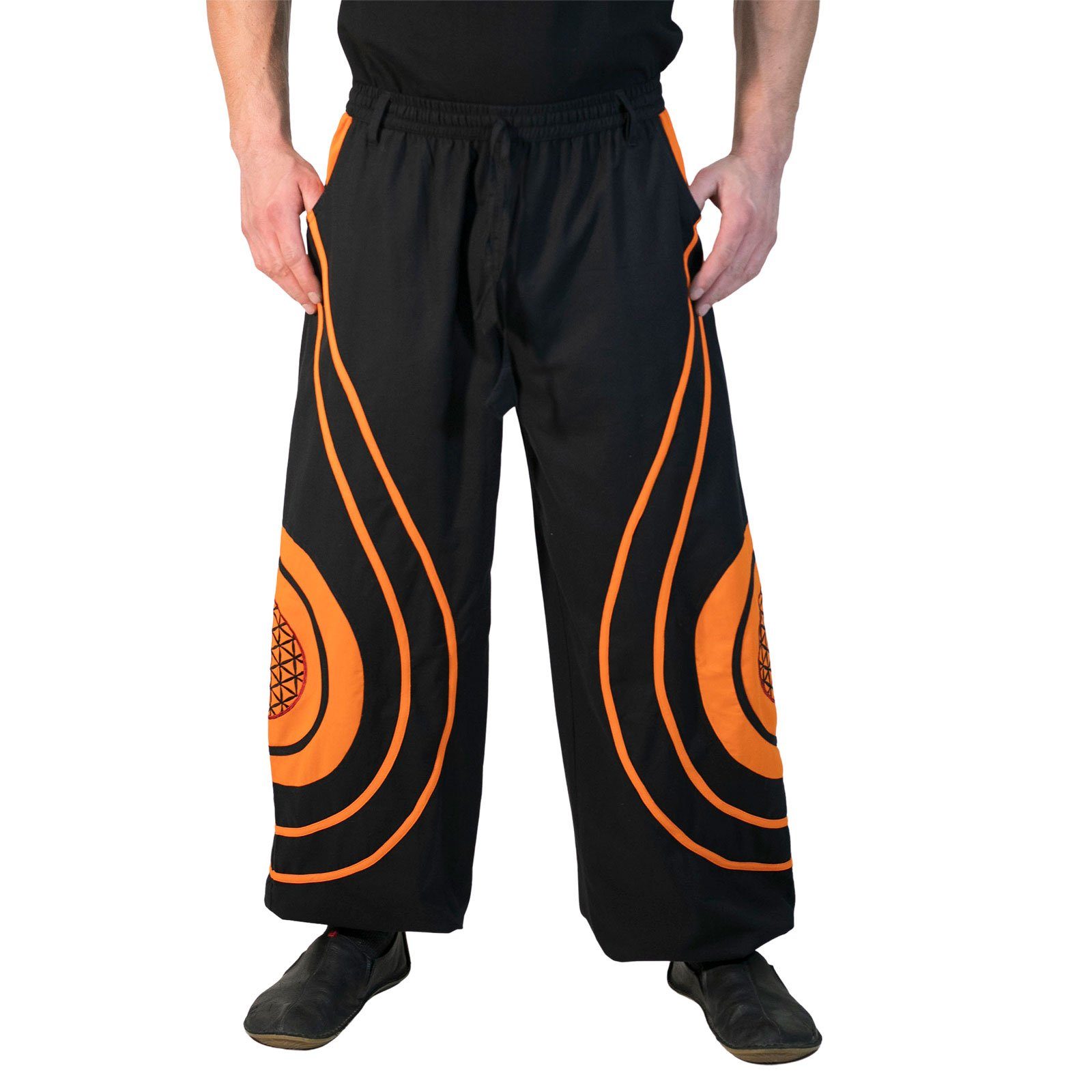 Schwarz/Orange Hose KUNST UND Gürtelschlaufe Haremshose des MAGIE Pluderhose Hippie Harem Blume Kordelzug Lebens