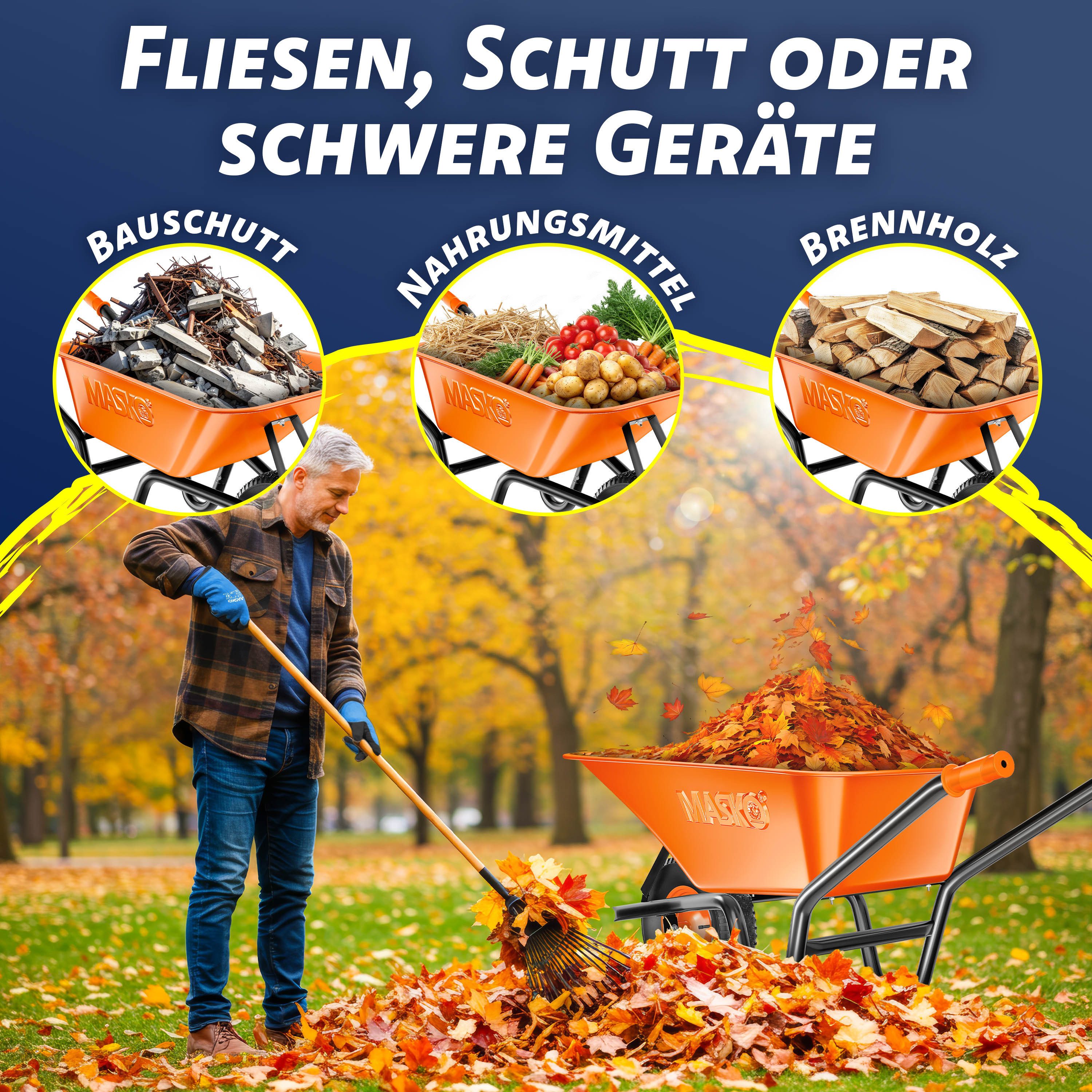 MASKO Schubkarre Bau- und Gartenschubkarre 100 Liter, mit Luftreifen und Stahlfelgen sowie einen Ersatzschlauch – Bild 4 von 5