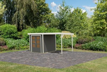 Karibu Gartenhaus Hybrid Gartenhaus Hollywood B mit Anbaudach terragrau, BxT: 438x217.5 cm, (1 Stück, inkl. Fußboden), Ideal für DIY-Heimwerker