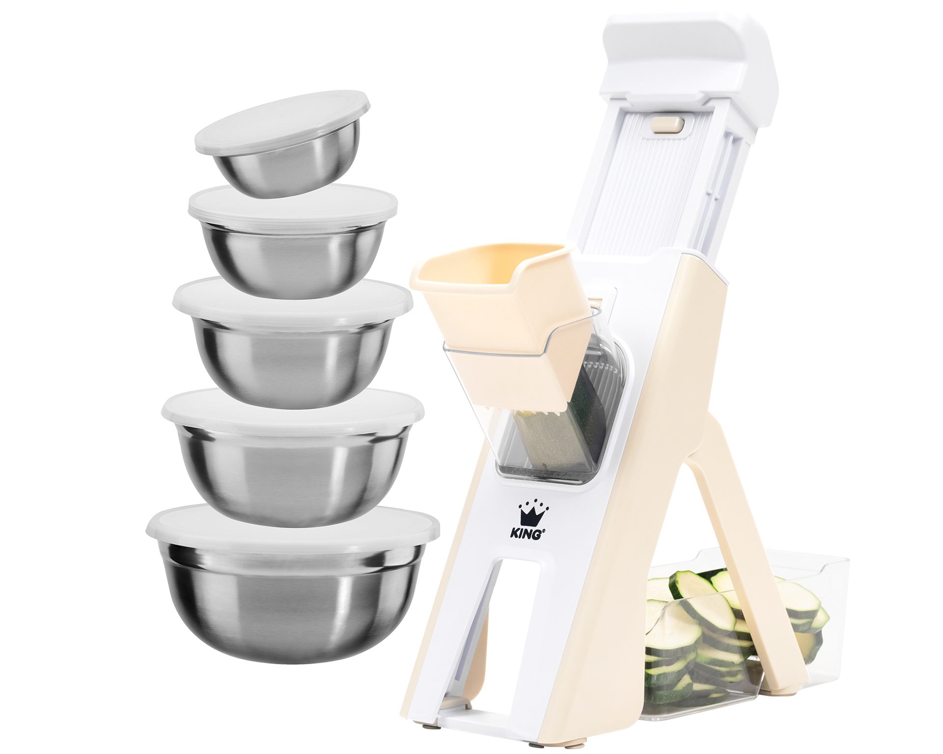 KING Küchenreibe Veggie-Turm-Reibe, Kunststoff, (Set, 11-St., 1 Reibe, 5 Aufbewahrungsschüsseln inkl. Deckel), Vertikale-Reibe inkl. Auffangbehälter, unterschiedliche Schnittmodi