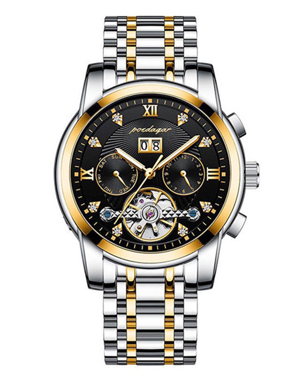 YANN Mechanische Uhr Herrenuhren Automatik Skelett Mechanische Armbanduhr mit Wasserdicht, (1-tlg), Auch ein ideales Geschenk Gold- und schwarzer Stahlgürtel