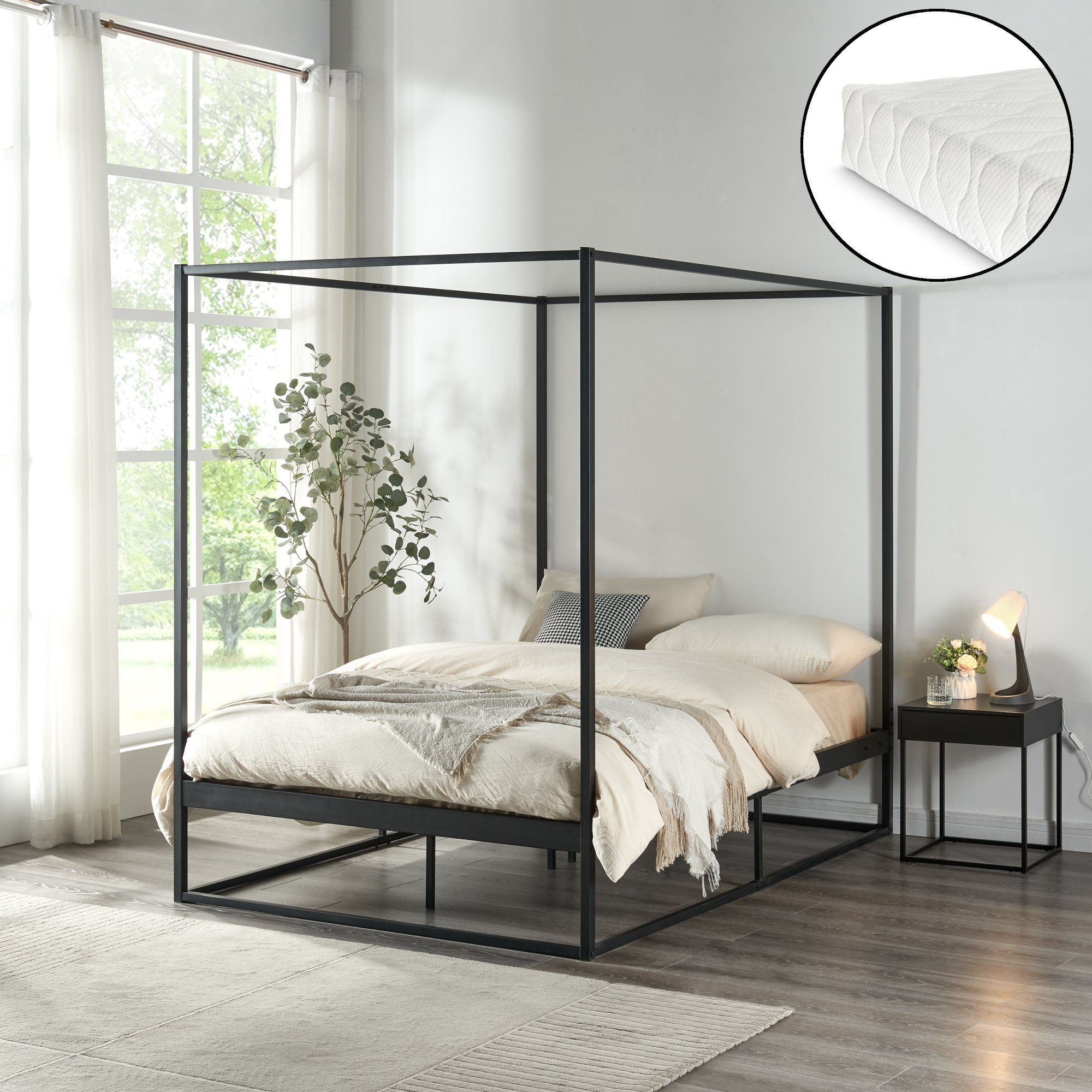 en.casa Himmelbett, »Kristianstad« mit Matratze Metall Schwarz 120 x 200 cm