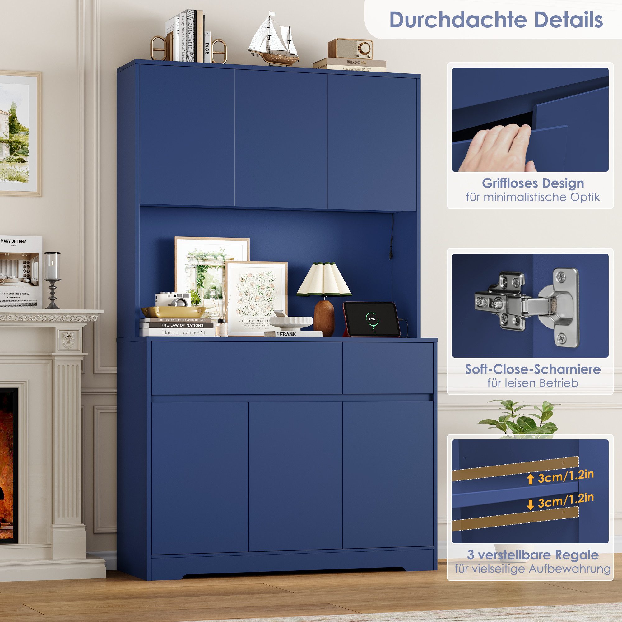 Homfa Küchenbuffet Küchenschrank mit LED Buffetschrank mit Steckdosen Hochschrank mit Arbeitsplatte, 6 Türen und Schubladen