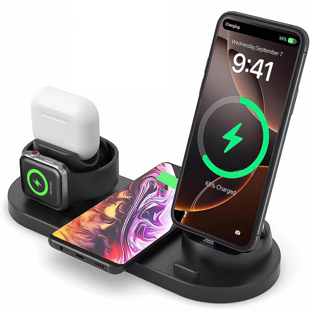 MOPUEA 4-in-1 Induktive Ladestation Wireless Charger 360 Grad Drehbarer Basis Ladestation (4-in-1 kabellose Ladestation für iPhone, Apple Watch und AirPods, 15 W Leistung, kompakt, tragbar, Überhitzungsschutz, Schnell, sicher, benutzerfreundlich, ideal für Zuhause und Reisen)
