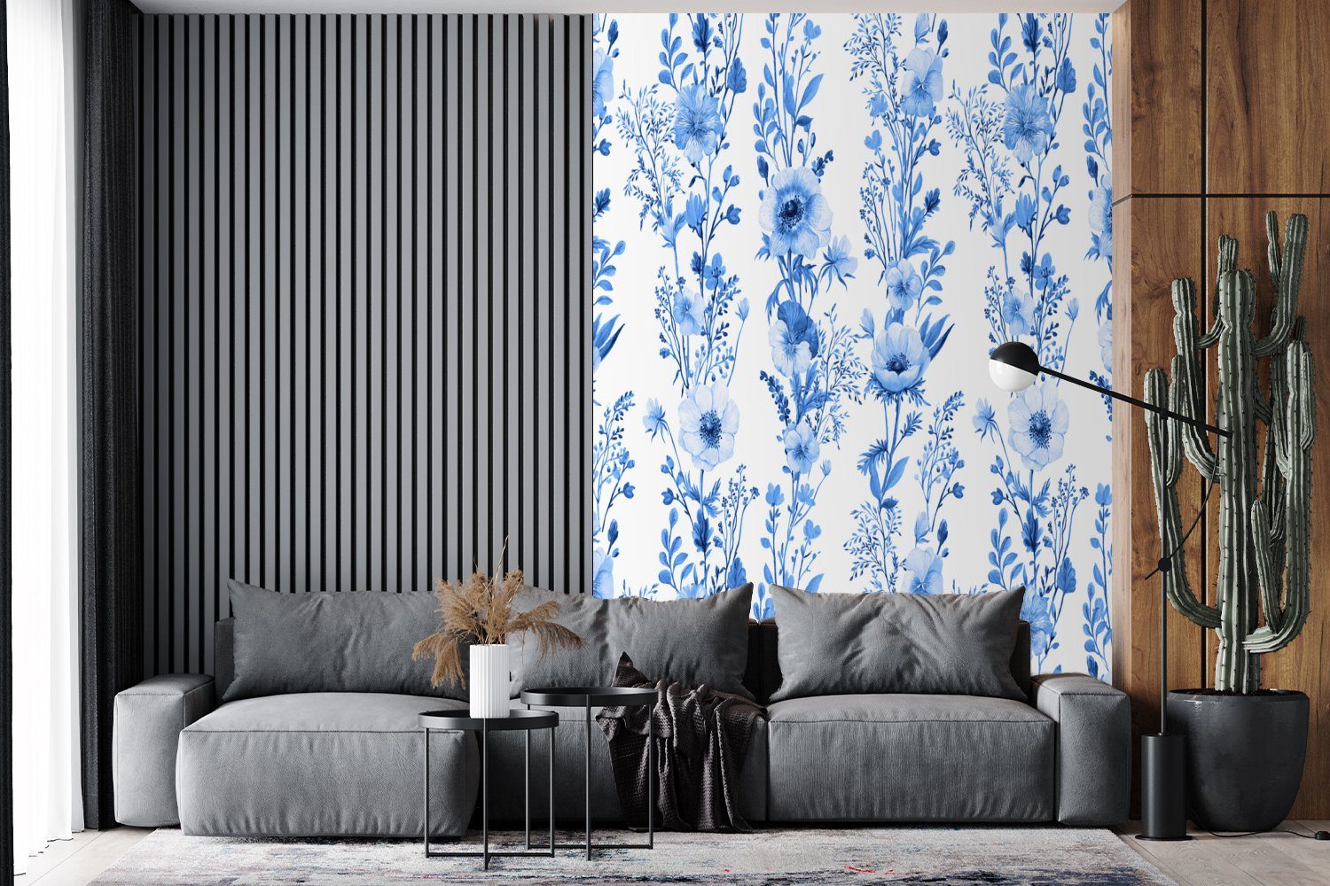 St), - - Blau Blumen - für bedruckt, MuchoWow Montagefertig Fototapete (3 Wohnzimmer, Tapete Muster, Matt, Vinyl Anemone Wandtapete