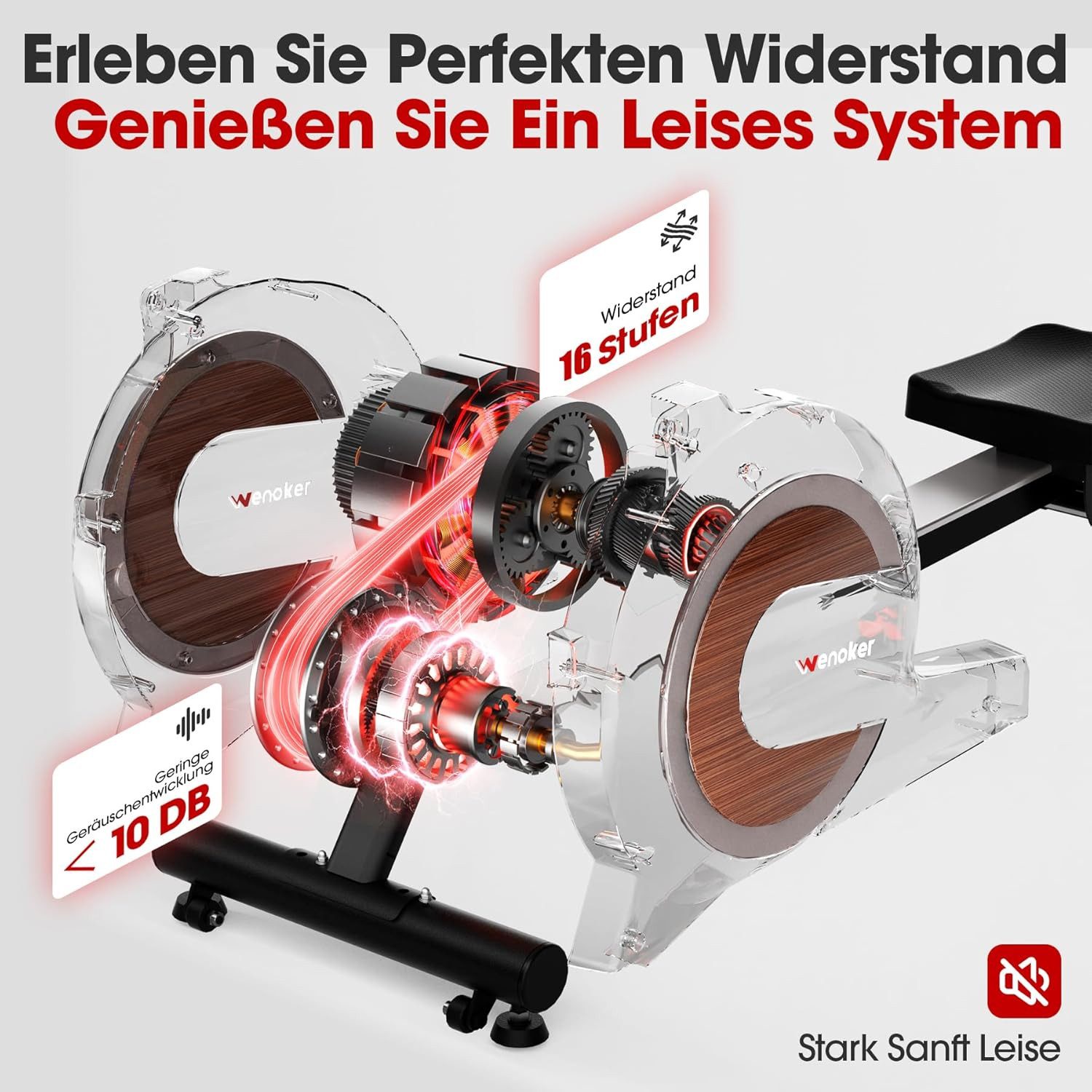 Wenoker Rudergerät Magnetisches Rudergerät mit Bluetooth-App und 16 Widerstandsstufen (Spar-Set, Montagewerkzeug, Rudergerät, Tablet-Halterung, LCD-Display), 16 Widerstandsstufen, App‑Verbindung, leises Magnetwiderstandssystem