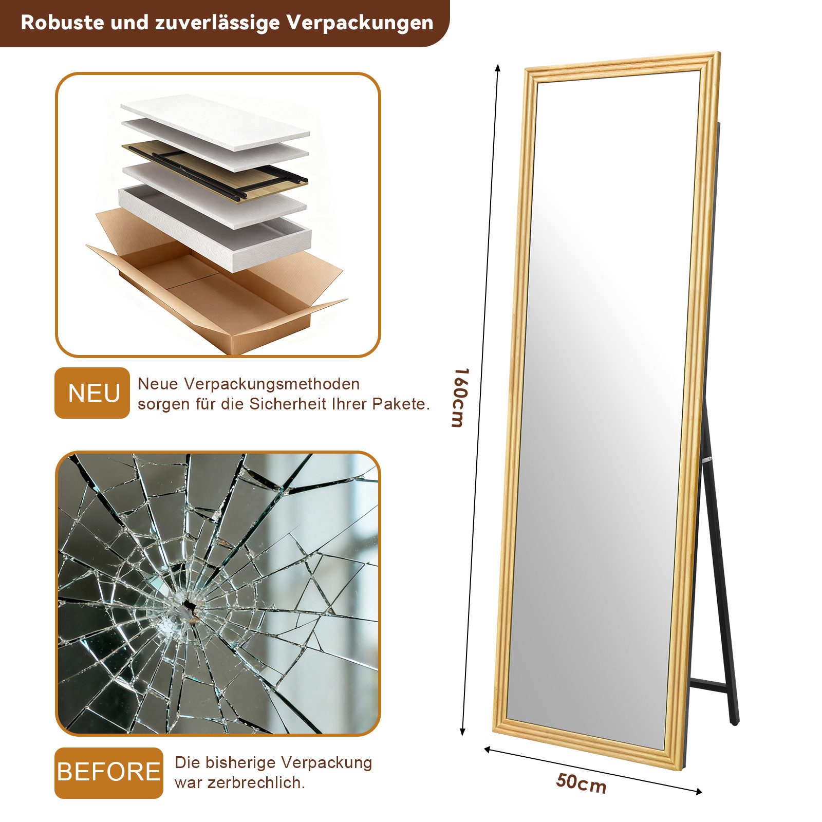BBWL Ganzkörperspiegel Quadratischer Holzrahmen Ganzkörperspiegel 160x50 cm, Hochwertiges Spiegelglas HD Reflektion Stabile Verpackung Vielseitig – Bild 3 von 5