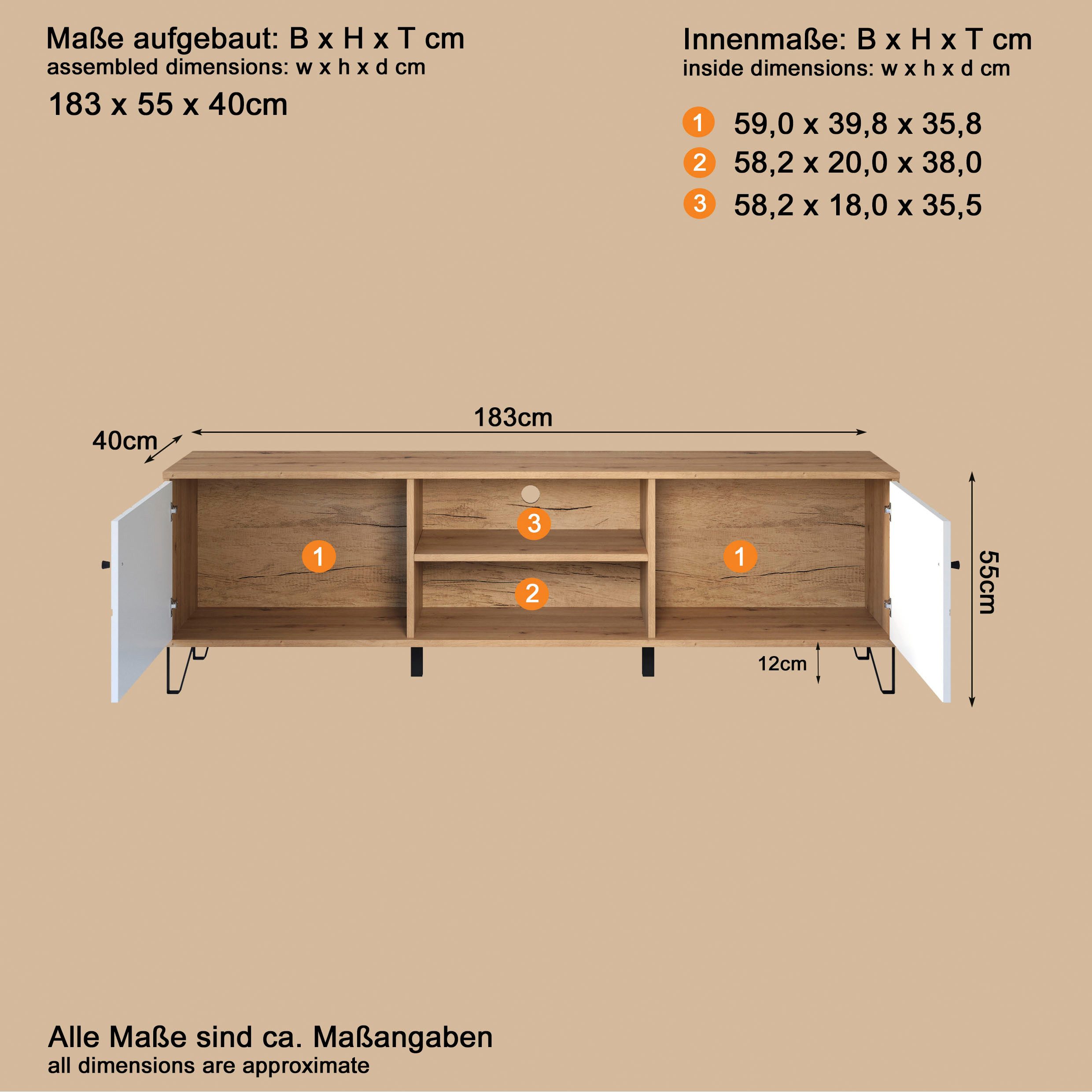 Places of Style Lowboard Tarragona TV-Kommode, TV-Unterteil mit 2 Türen & 2 Fächern - (B/T/H) 183/40/56 cm