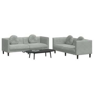 vidaXL Sofa 2-tlg. Sofagarnitur mit Kissen Hellgrau Samt