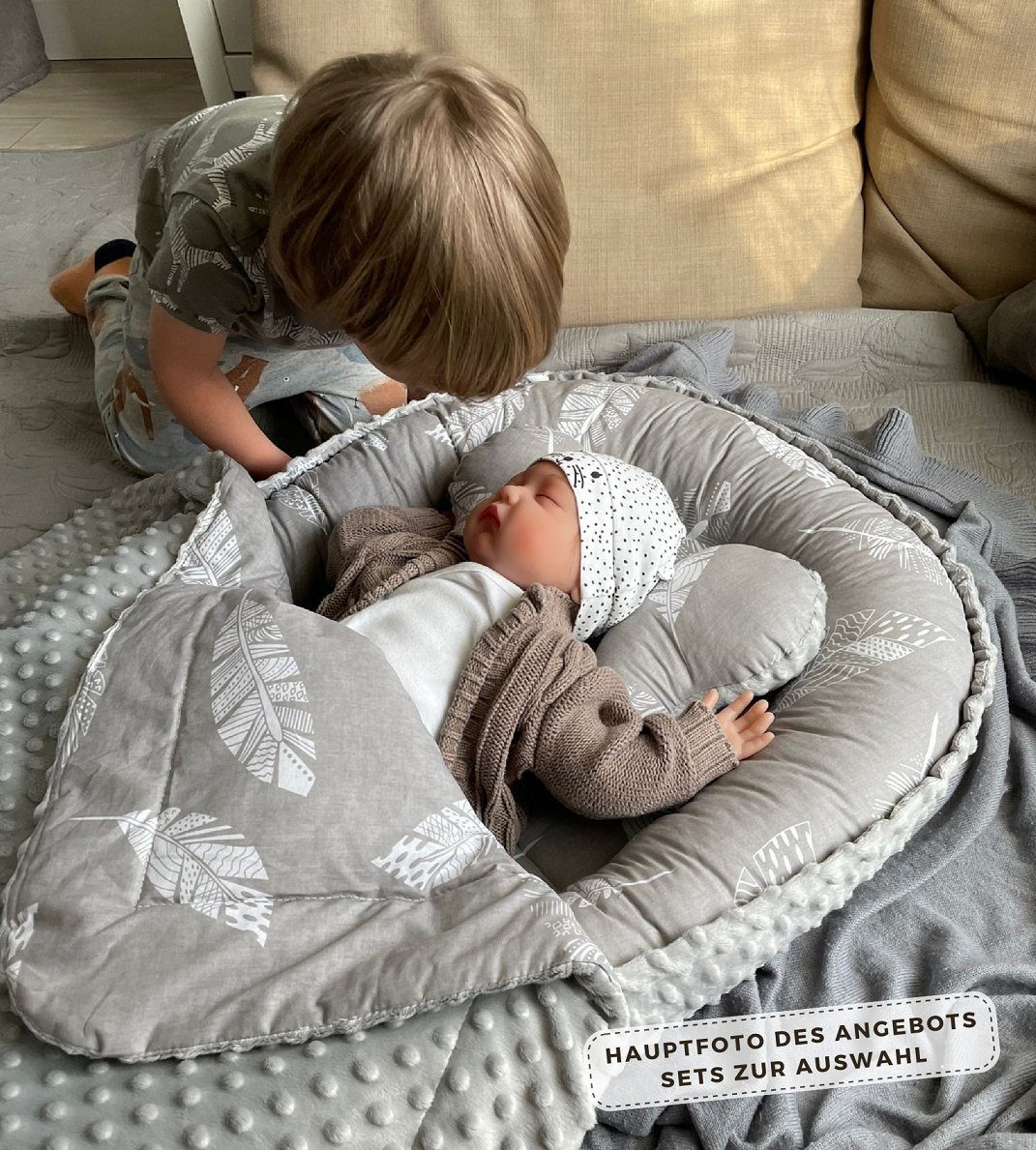 Loolay Bettnestchen MINKY/ Baumwolle BABYNEST Babykokon Geschenk Babyausstattung SETS, (MUSTER: Feder Grau/ MINKY grau; SOLO oder im SETS, 1-tlg., Neugeborene Nestchen, Babynestchen, Reisebett), LOOLAY® - 100% Europäische Stoffe und Kleinserien-Nähen!