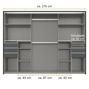 Lomadox Schwebetürenschrank BRIXEN-43 in graphit, inkl. 6 Schubkästen und Glasfront in schwarz