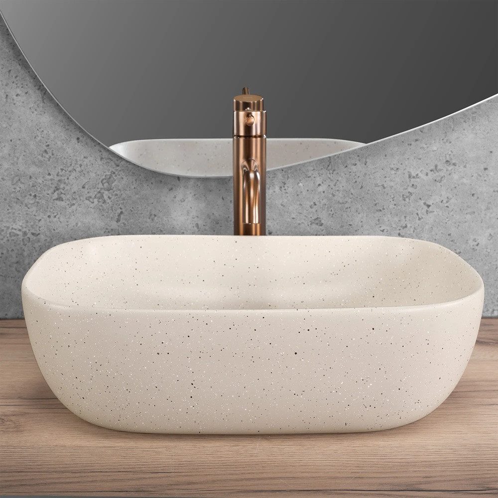 wohnwerk.idee Aufsatzwaschbecken Waschtisch Keramik Waschbecken Marmoroptik Beige Naturstein Design – Bild 5 von 5