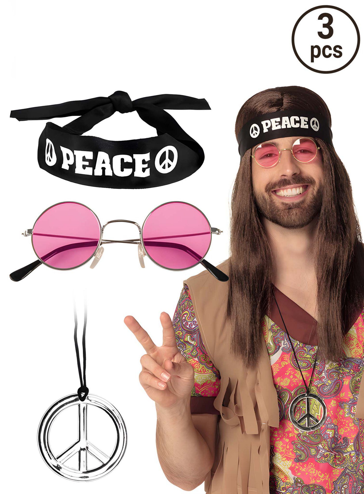 Boland Hippie-Kostüm Peace Accessoire-Set für Fasching Karnevalskostüme, Stirnband, Brille, Anhänger - voll das coole Set, ey!