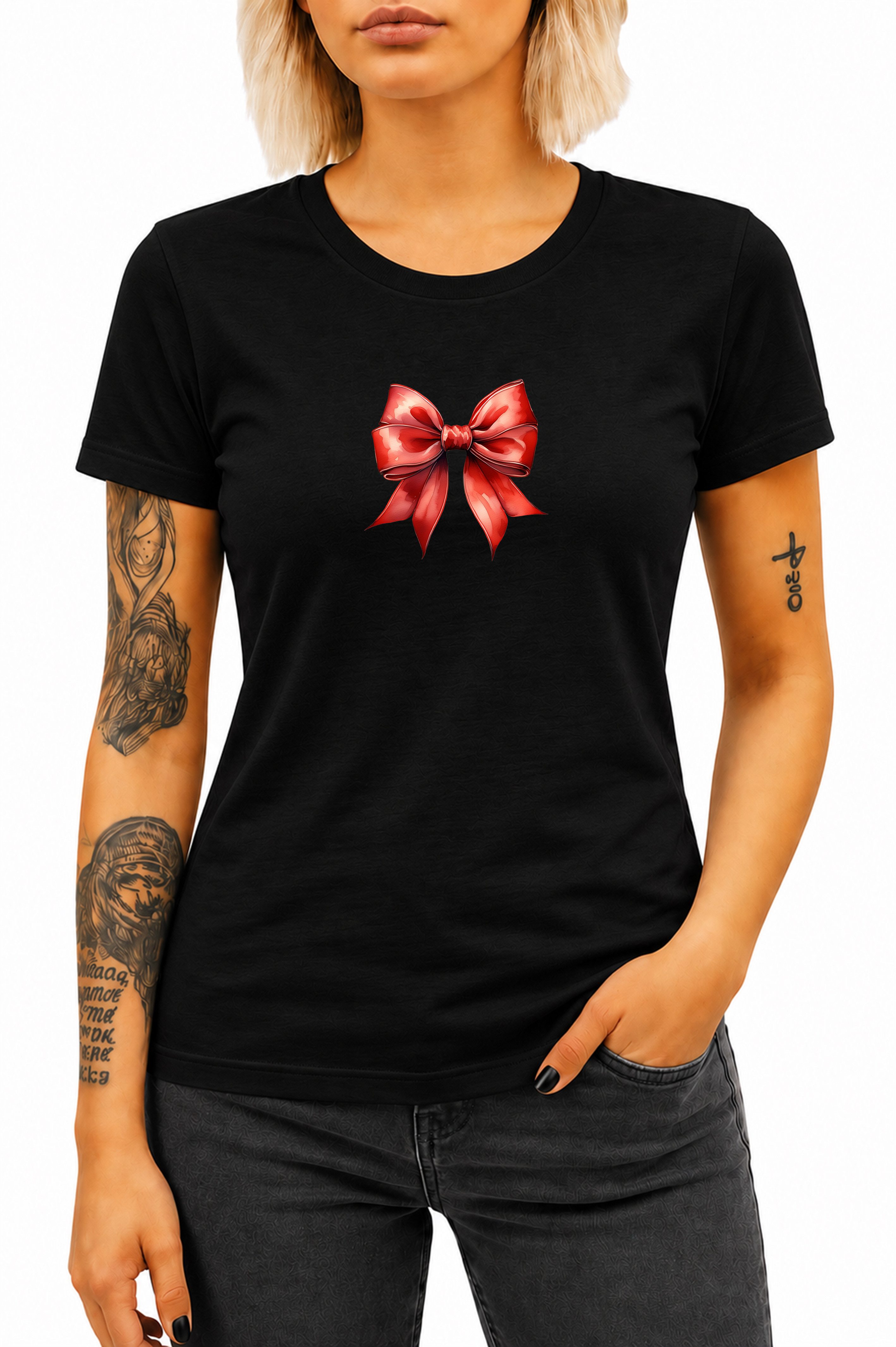 Banco T-Shirt Damen Rote Schleife Printshirt Rundhals Kurzarm 100% Baumwolle