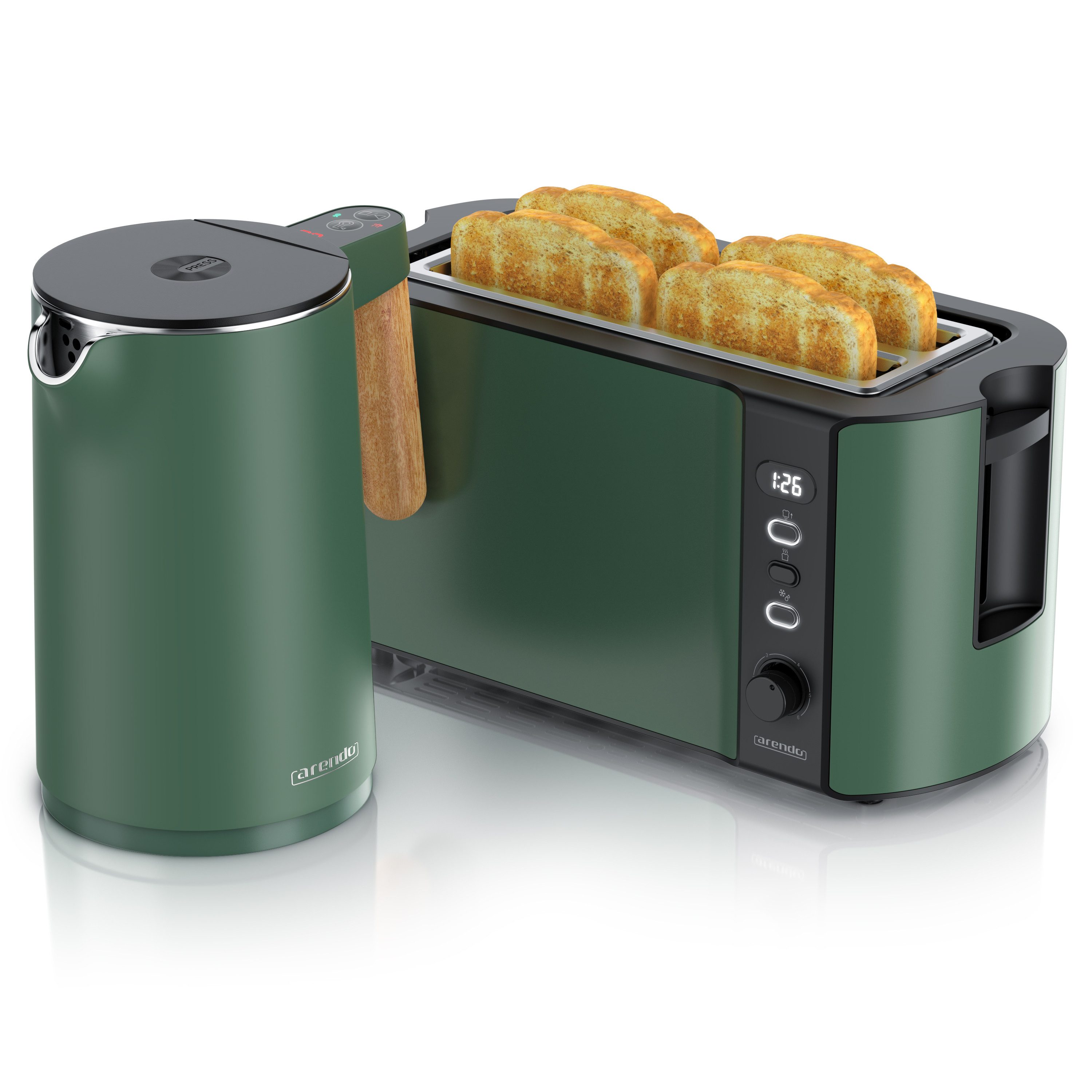 Arendo Frühstücks-Set Set aus Елктрочайники und Тостеры, Temperatureinstellung, 4-Scheiben (2-tlg), 1,5 L, 1500 W, Langschlitz, LED-Display, Brötchenaufsatz, grün
