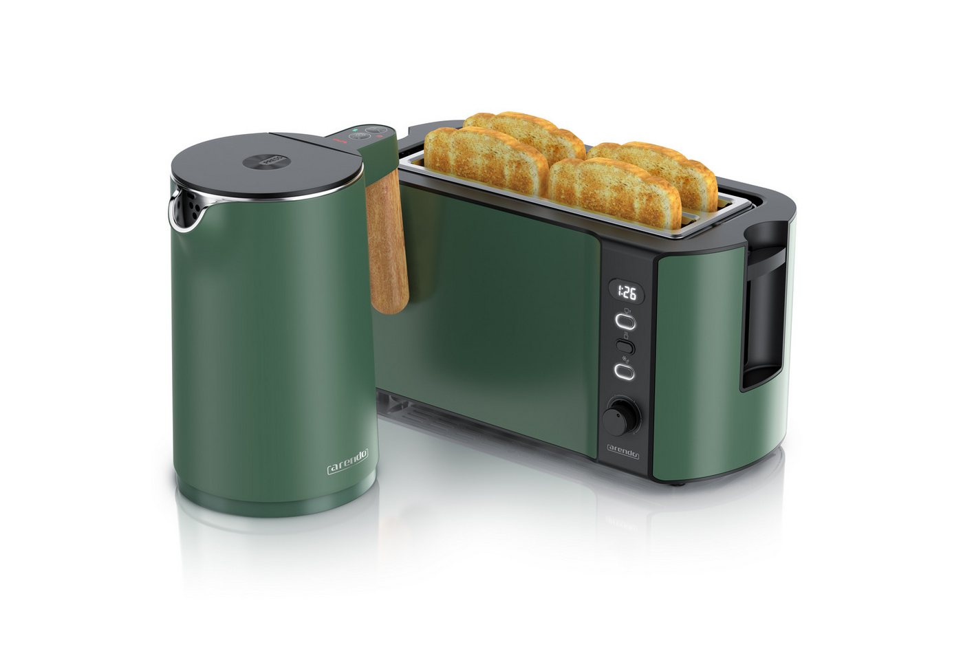 Arendo Frühstücks-Set Edelstahl Wasserkocher 1,5l, 4-Scheiben Langschlitz Toaster, grün (2-tlg), Wasserkocher mit Temperatureinstellung, 2200W, Toaster Brötchenaufsatz