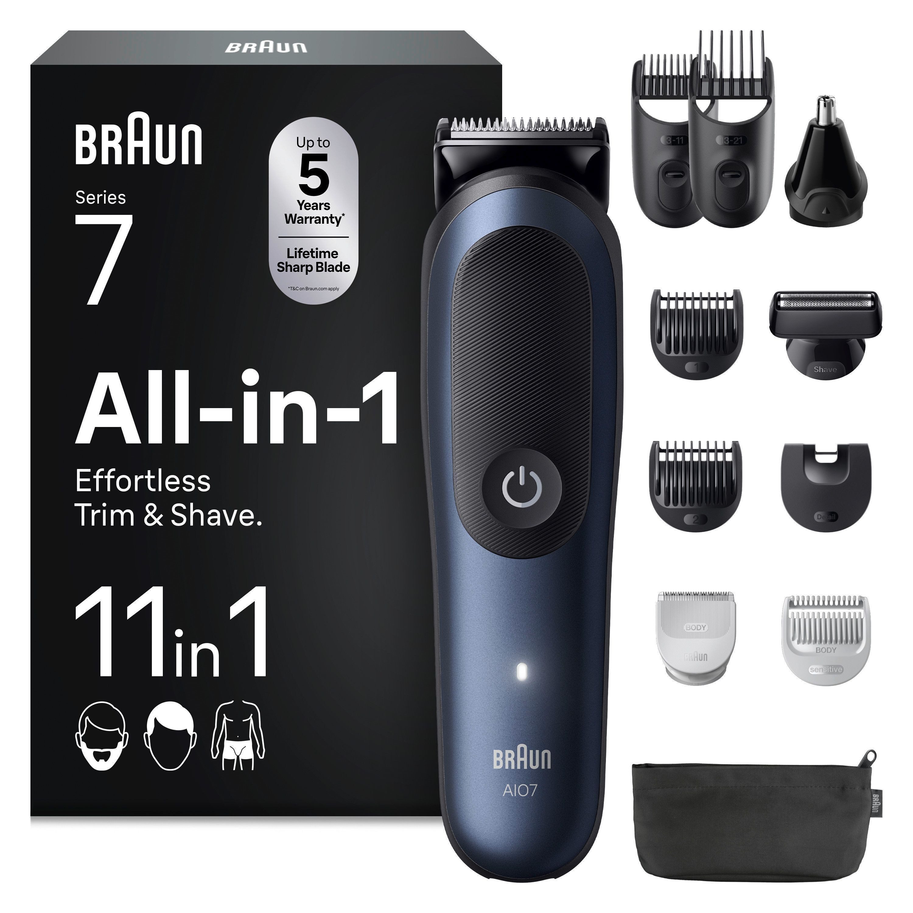 Braun Haarschneider Braun All-in-One Series 7, 11-in-1 Groomingset, 120 Min Akku, SkinGuard-Technologie, AquaGrip für Unterwassernutzung