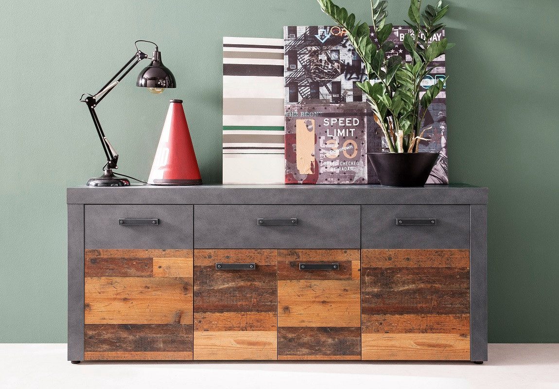 trendteam Sideboard Sideboard Kommode Indy Old Used Wood / Matera grau 178x77 cm Shabby