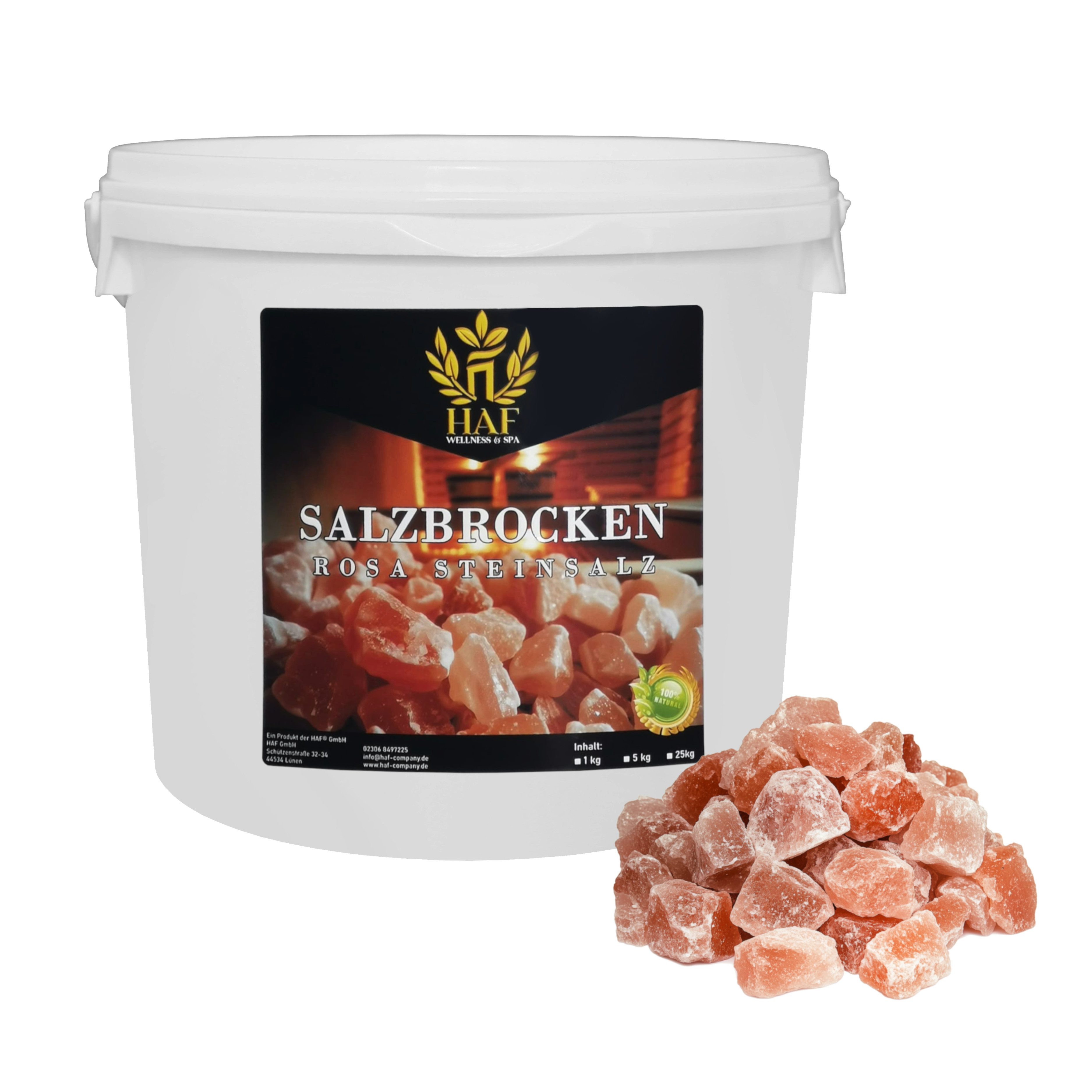 HAF Salzkristalle Rosa Salzbrocken 5 kg im Eimer - Einzelartikel, (Naturbelassen aus der Salt Range in Pakistan, 1 x 5 kg im Eimer), Grobe Steinsalz Brocken ohne Zusätze