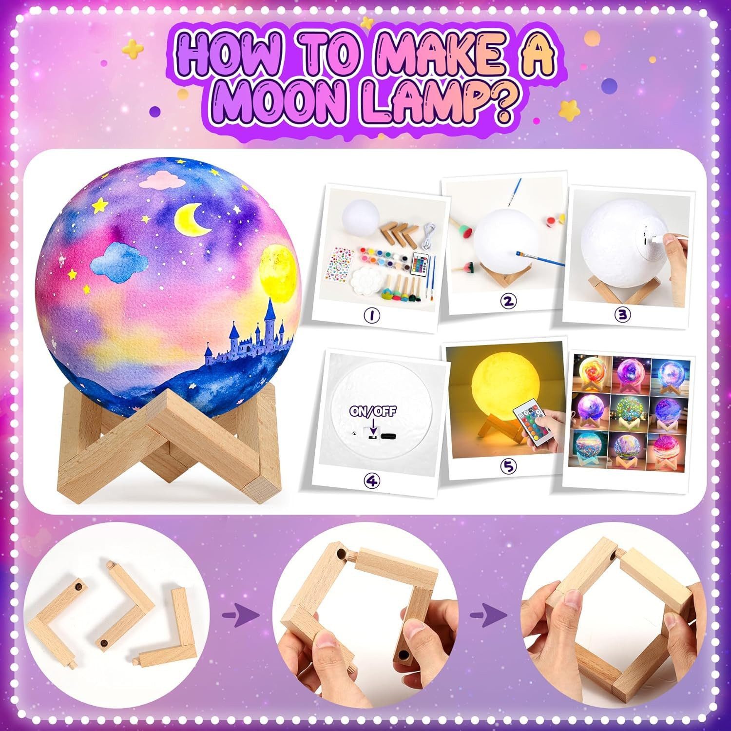 POPOLIC Kreativset Bastelsets für Kinder, DIY 3D-Weltraum-Mondlampe, Kunst und Handwerk, (DIY-Nachtlicht-Malset, Geburtstags- und Ostergeschenke für 10-jährige Mädchen, Künstlerbedarf, 1-tlg), für Kinder im Alter von 6, 7, 8, 9, 10, 11 und 12 Jahren