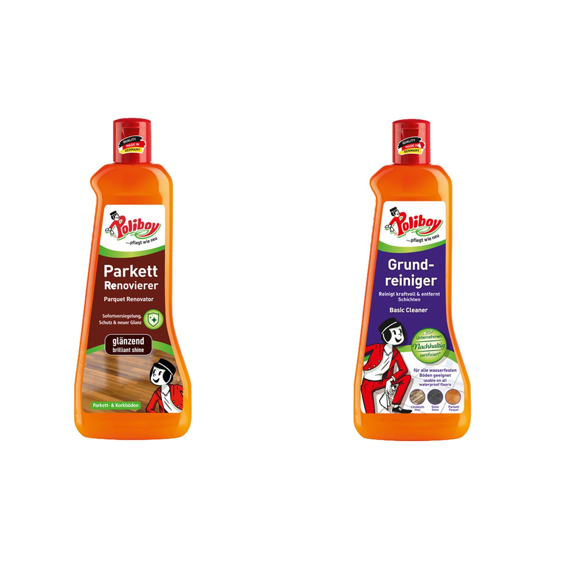 poliboy Reinigungsset 1- Reinigung & Pflege - 2x500ml Fussbodenreiniger (Grundreiniger & Parkett Renovierer Glänzend - Made in Germany)