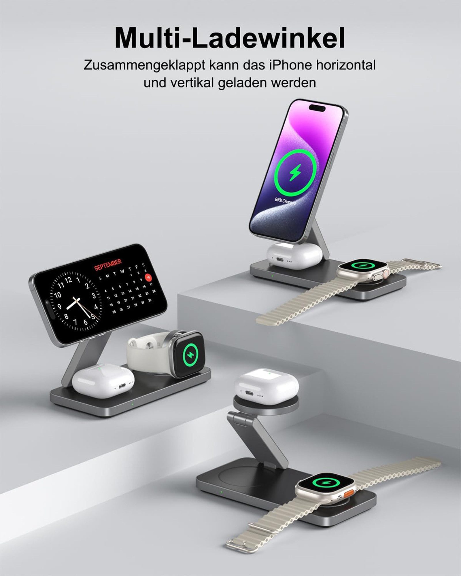 GreenHec Ladestation Apple Watch iPhone 3in1 MagSafe Ladegerät Wireless Charger Wireless Charger (3000 mA, Spar-Set, 3in1 PowerBase + USB-C Kabel + 20w Ladegerät, 17 16 15 14 13 12 Pro Max Air Charging Station Induktionsladegerät)