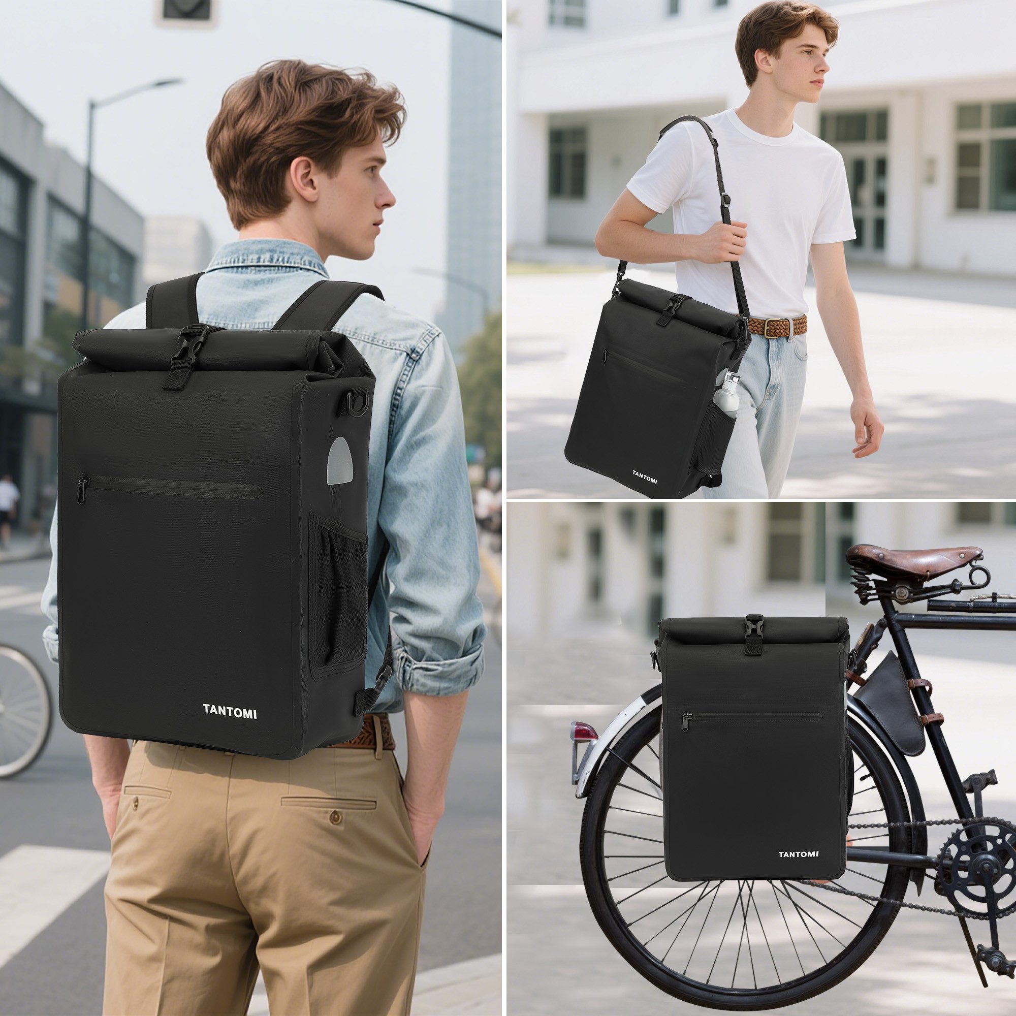 TAN.TOMI Fahrradtasche Wasserdicht 3in1 Fahrradrucksack für Gepäckträger Reflektierend, Mit Reflektorstreifen Sichere Befestigung Laptopfach