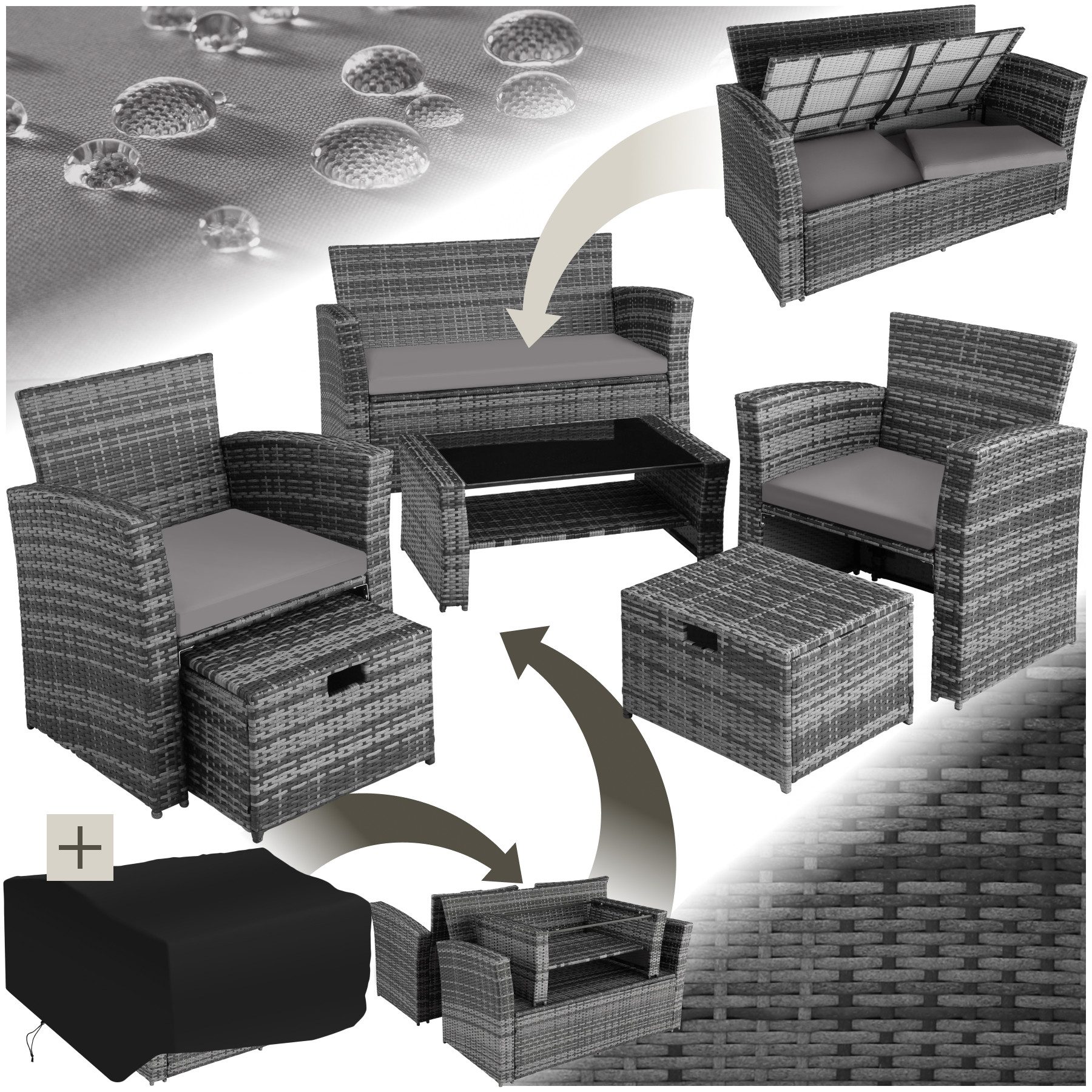 tectake Sitzgruppe Rattan Sitzgruppe, (Set, 6-tlg), für 4 bis 6 Personen