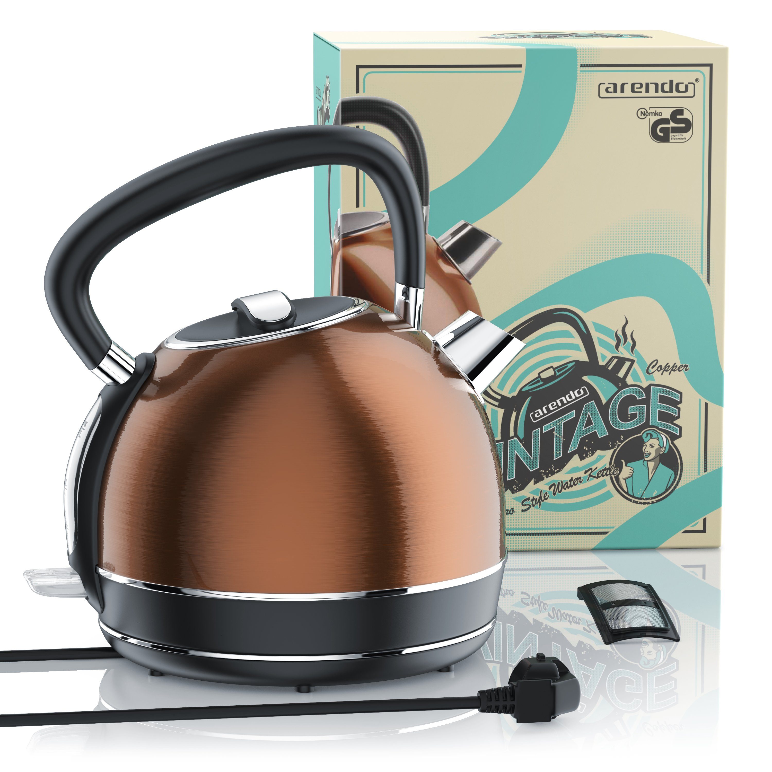 Arendo Wasserkocher Retro Edelstahl Teekessel im Vintage Style, GS Geprüft, Kupfer, 1,7 l, 2200 W, Überhitzung & Trockenkochschutz, automatische Abschaltung, Kalkfilter