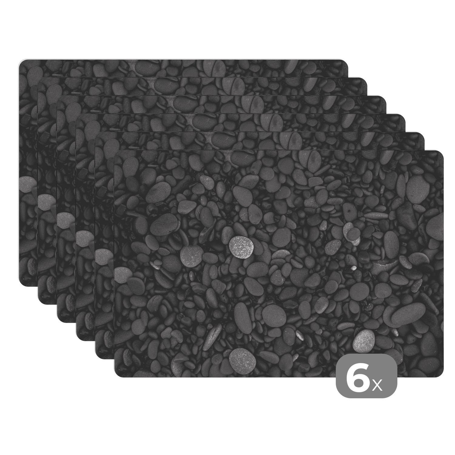 Weiß Schmutzabweisend - Schwarz Platzset, Platzmatte, Steine, Platzset, MuchoWow, Tischmatten, - Kieselstein Platzdecken, - (6-St),