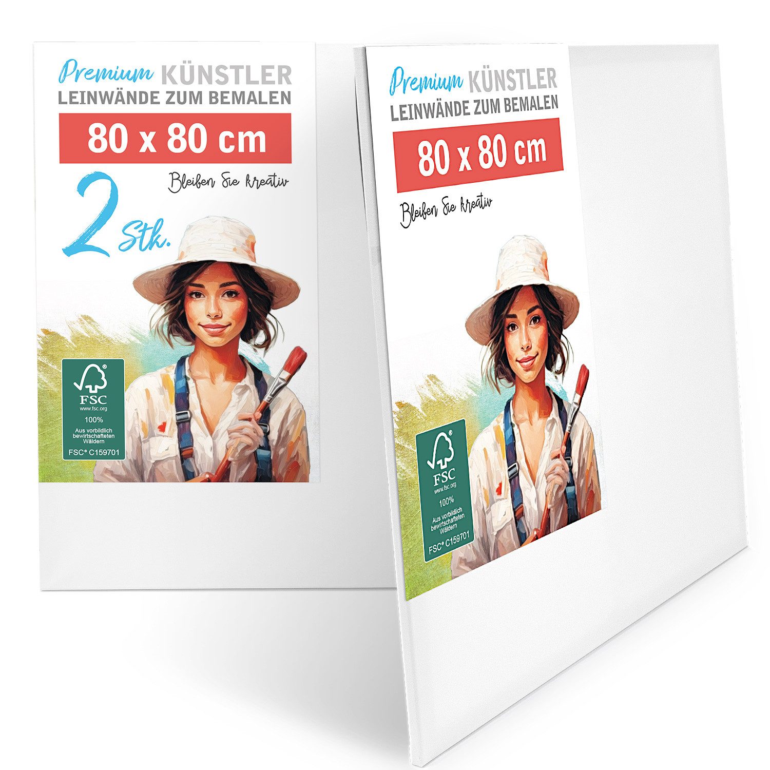 M MERCEO Leinwand, 2er-Set Leinwand 80x80cm (zum Bemalen, Baumwolle, Keilrahmen, 280g/m)