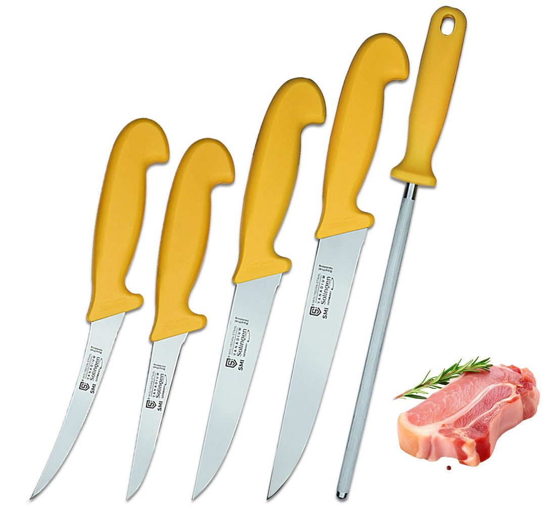 SMI Messer-Set Metzgermesser Set Solingen Fleischmesser Wetzstahl Ausbeinmesser (5-tlg), 5-tlg