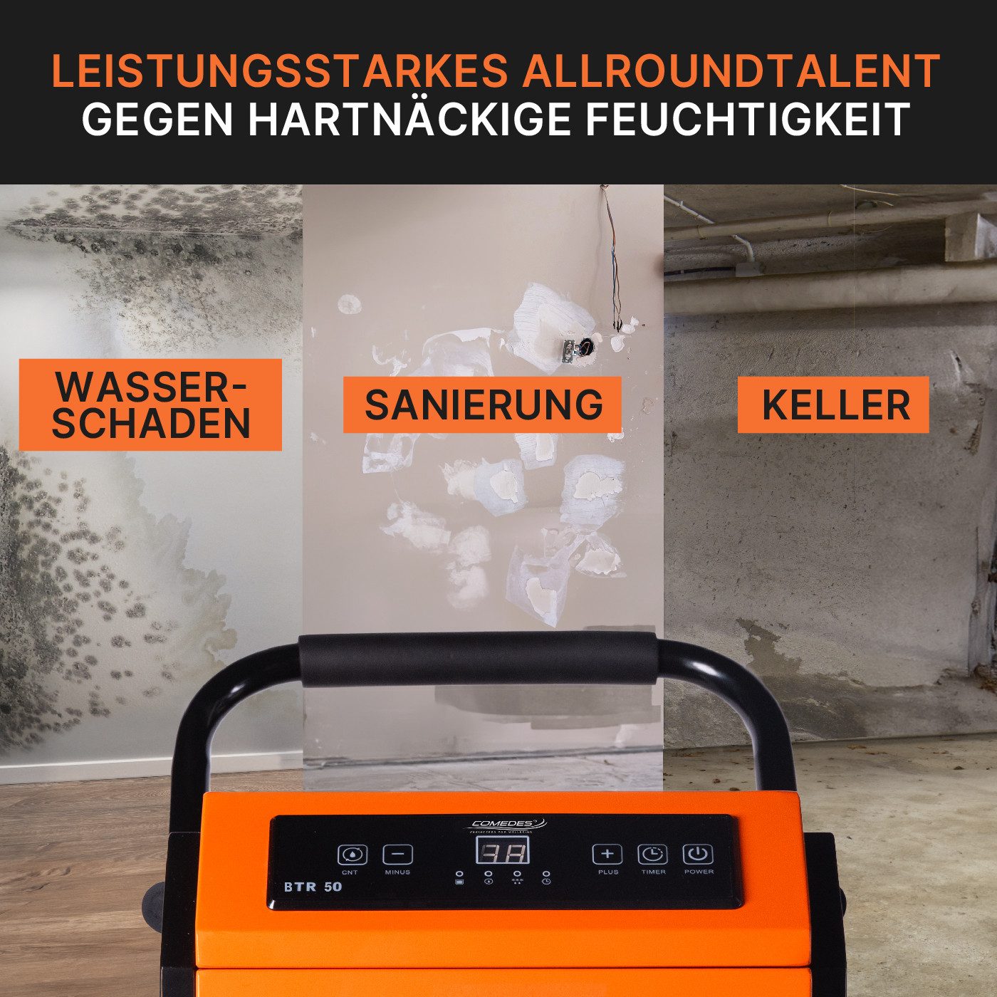 Comedes Bautrockner Luftentfeuchter Comedes BTR 50, 51 Liter/Tag, mit Pumpenset, Entfeuchtung 51 l/Tag, Tank 5.1 l