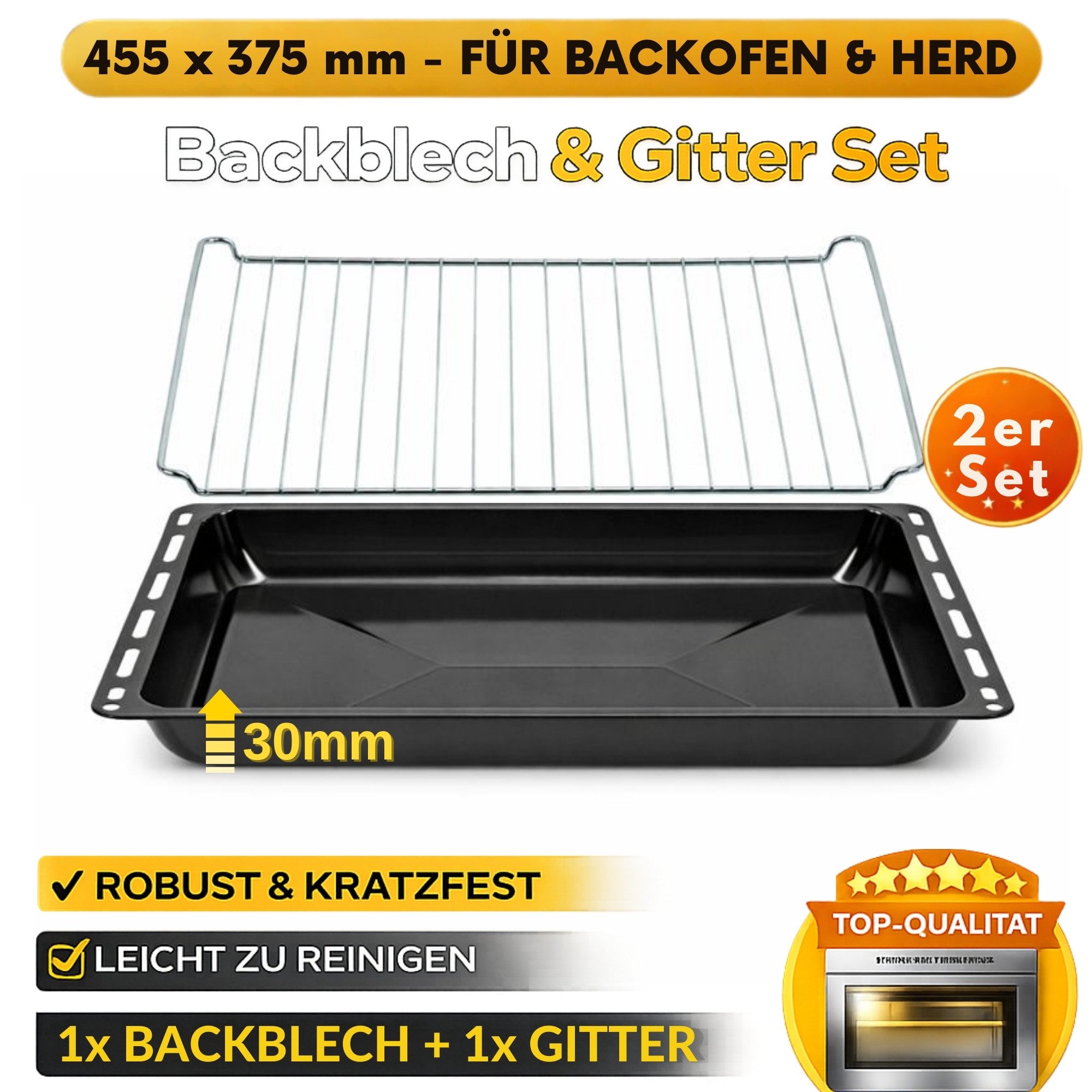ICQN Backblech 455 x 375 mm, Emailliertmitgitter, (2-St), Backbleche & -Gitter Set, 3 cm Tief, Kratzfest & Rostfrei