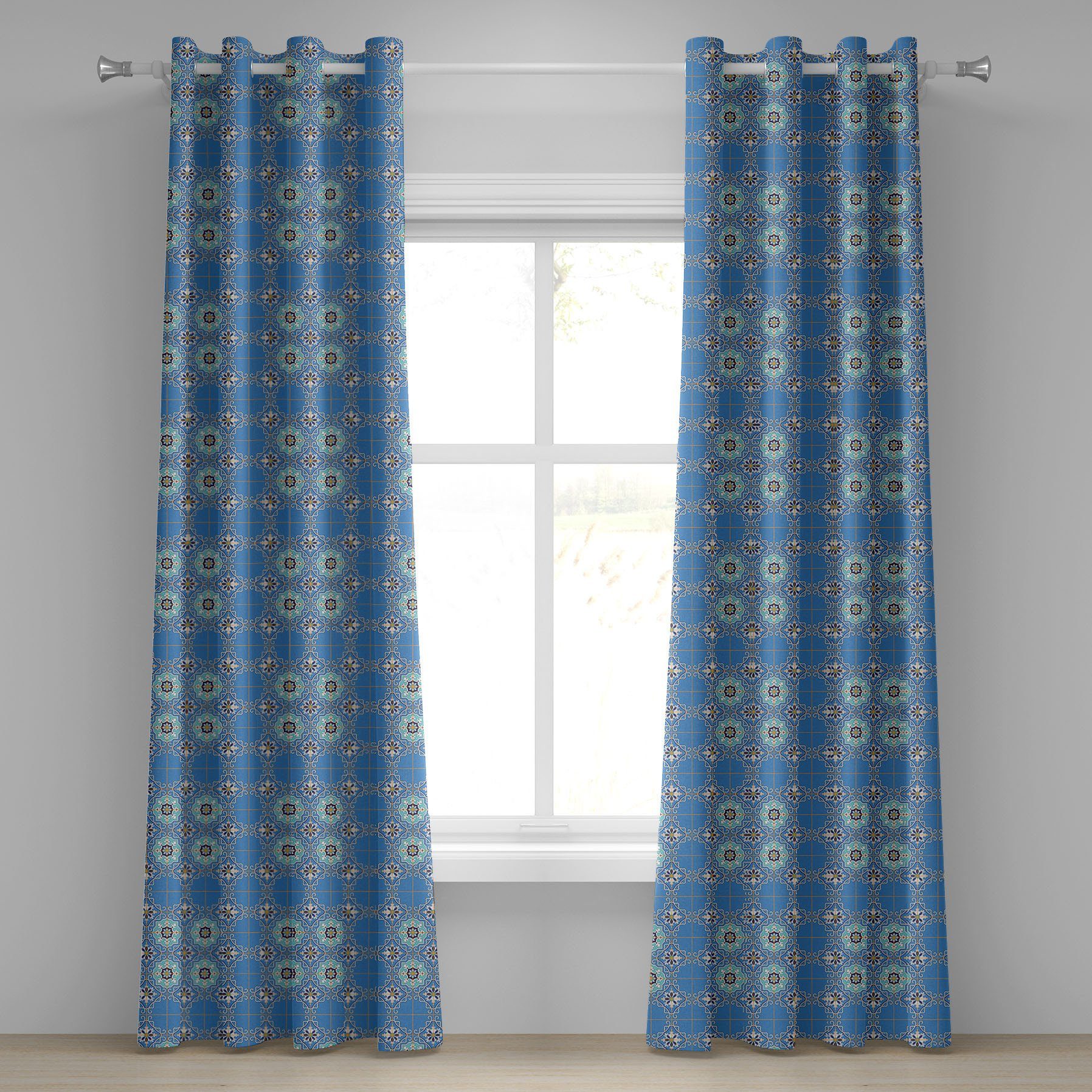 Gardine Dekorative 2-Panel-Fenstervorhänge für Schlafzimmer Wohnzimmer, Abakuhaus, marokkanisch Patchwork-Art-Blau