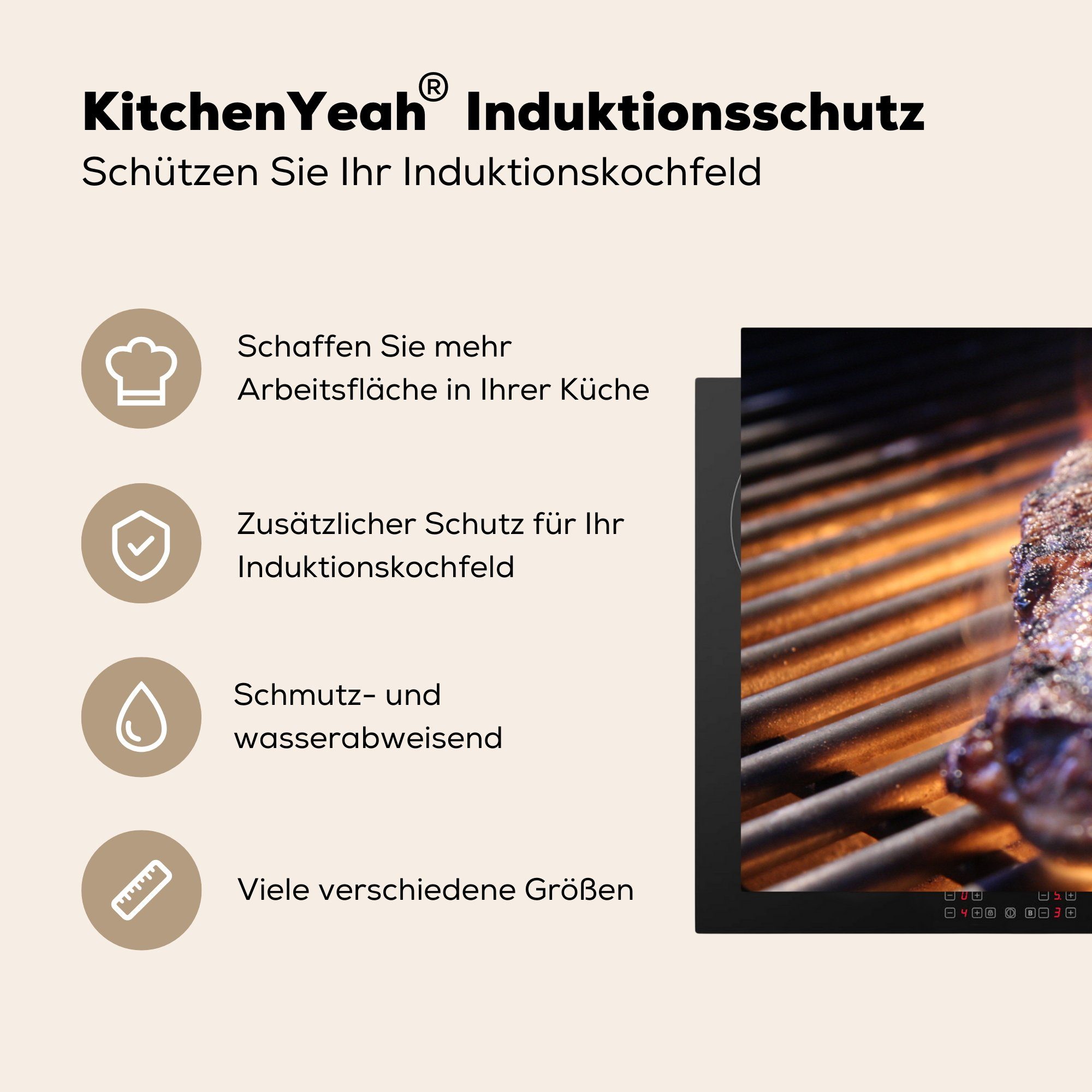 küche, MuchoWow cm, die Vinyl, 81x52 Schutz - BBQ für Ceranfeldabdeckung Herdblende-/Abdeckplatte Induktionskochfeld Fleisch tlg), - Grill, (1