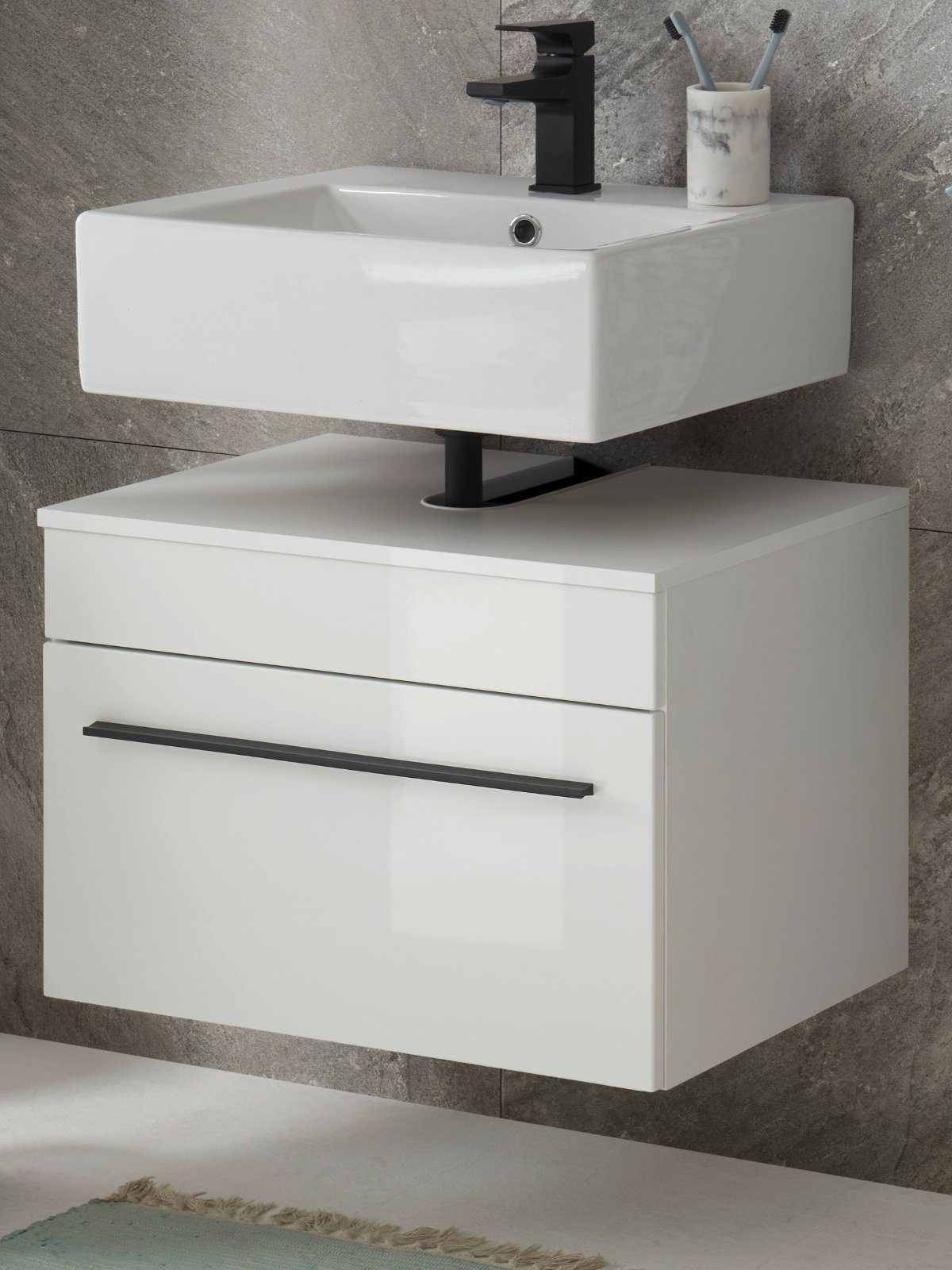(Hängeschrank Breite 60 großem cm) in weiß Design-D Waschbeckenunterschrank mit IMV Hochglanz, Stauraumfach