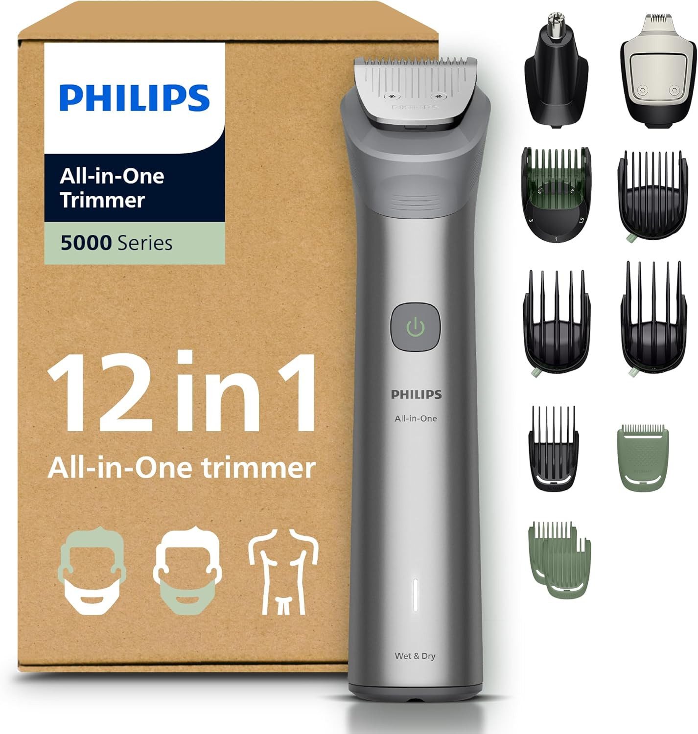 Philips Elektrorasierer PHILIPS Multigroom Series 5000 12-teile Bart & Haarschneider MG5952/30, Aufsätze: 12, (0,5-20 mm), selbstschärfende Metallklingen, Barttrimmer u. Haarschneider Gesicht, Kopf, Körper 20 Längen
